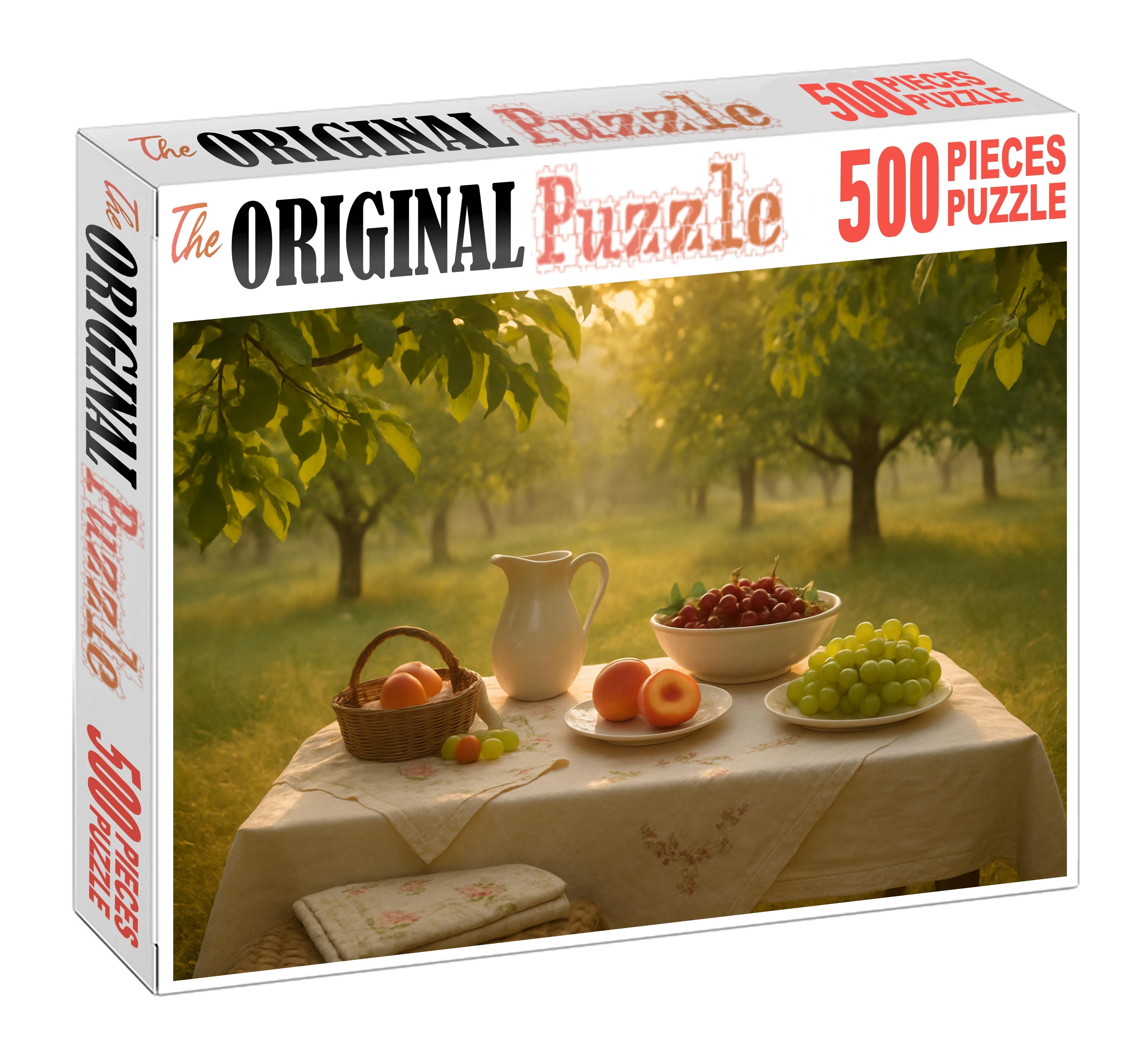 Sunrise Orchard Picnic Dewy Greens And Pastel Accents 100 Piece Puzzle
