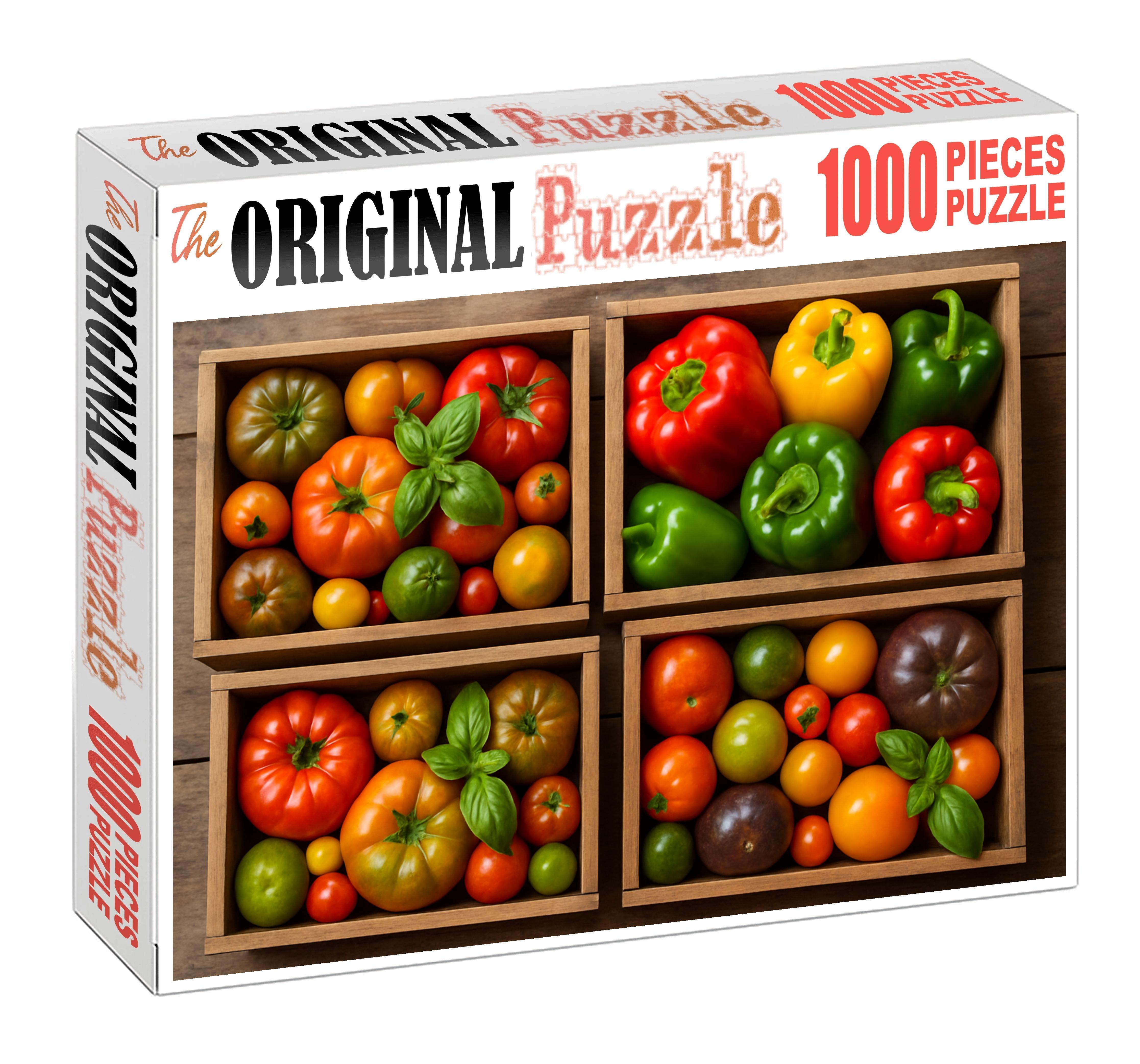Farmers Market Frenzy Wooden Crates Brimming With Heirloom Tomatoes And Colorful Peppers Premium Puzzle Pieces