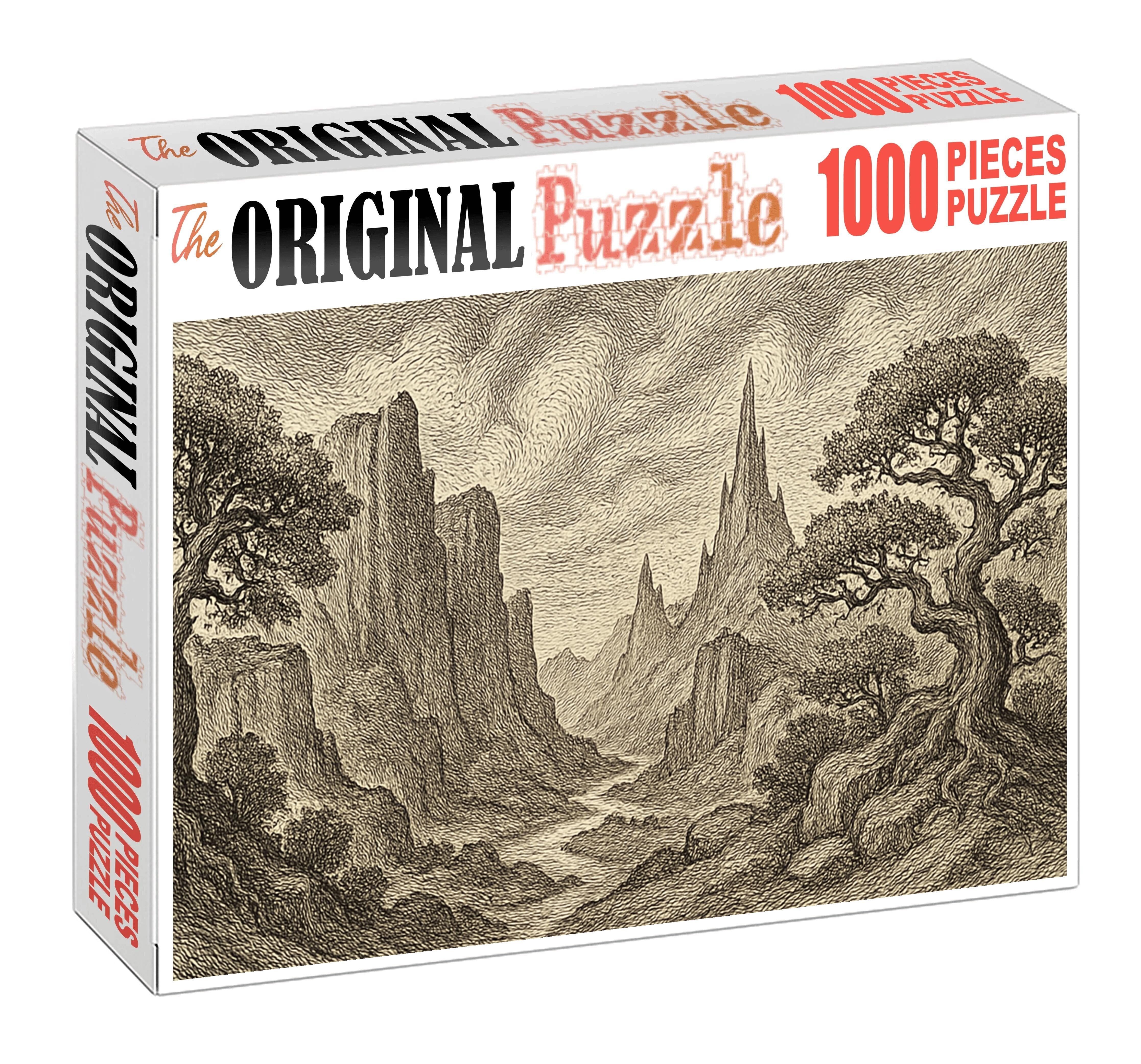 Mythical Landscape Panorama Pen And Ink With Detailed Textural Patterns Large Format Puzzle