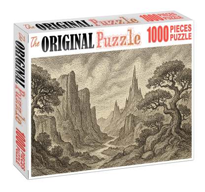 Mythical Landscape Panorama Pen And Ink With Detailed Textural Patterns Large Format Puzzle