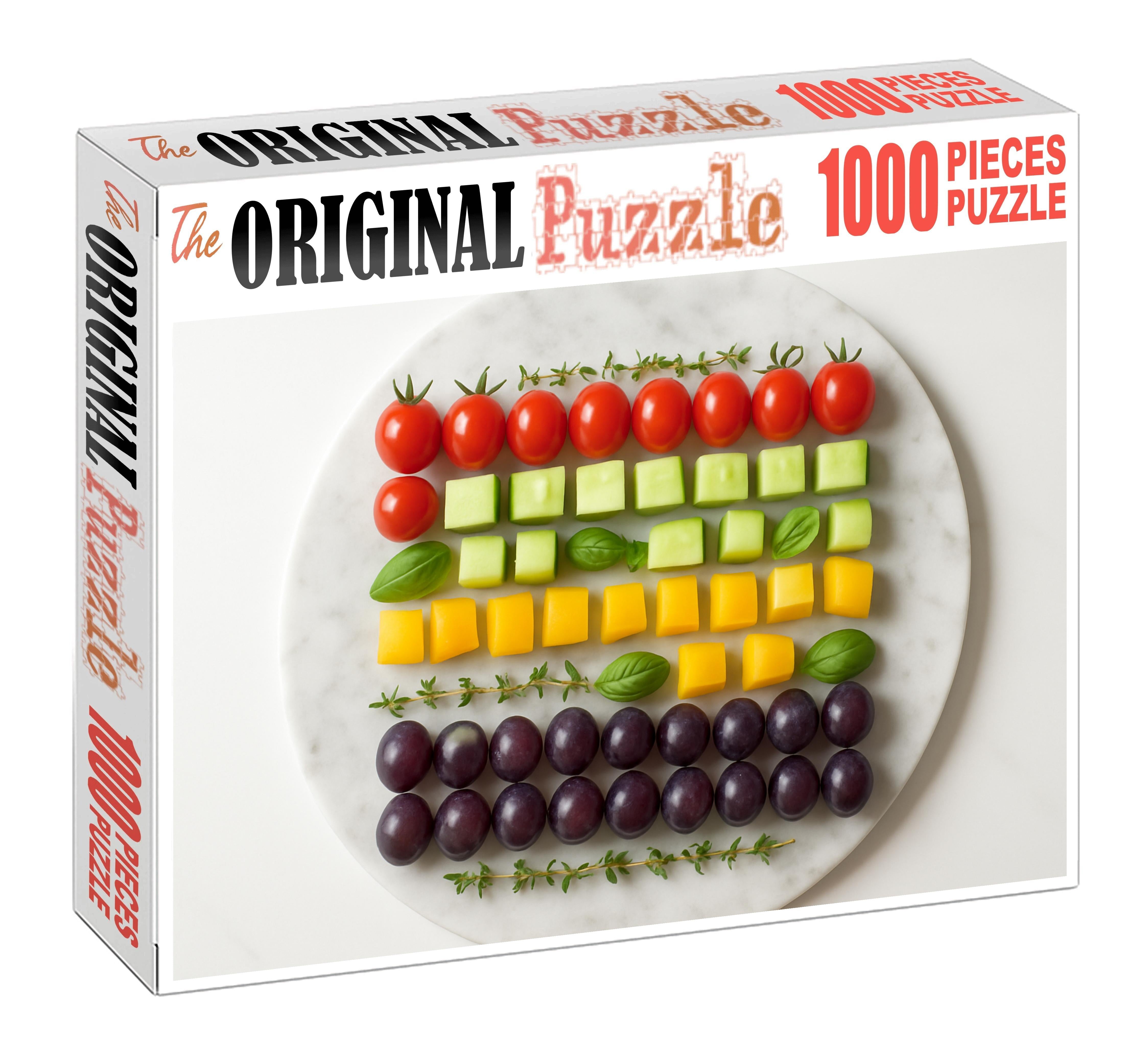 Garden Fresh Mosaic Colorful Veggies And Fruits In Geometric Patterns Puzzle Challenge