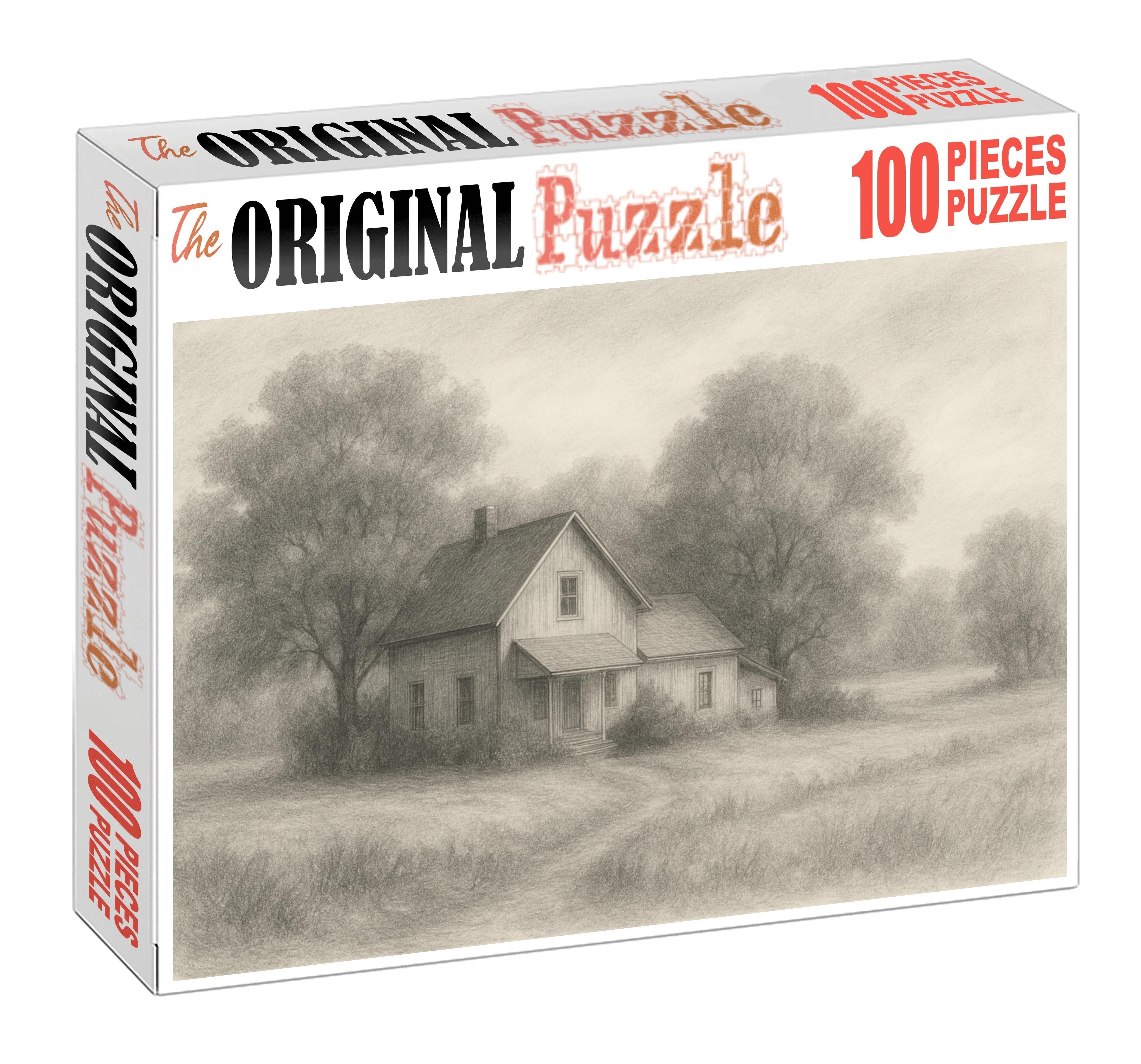 Quiet Countryside Homestead Soft Graphite Sketch With Subtle Tonal Layers Large Format Puzzle