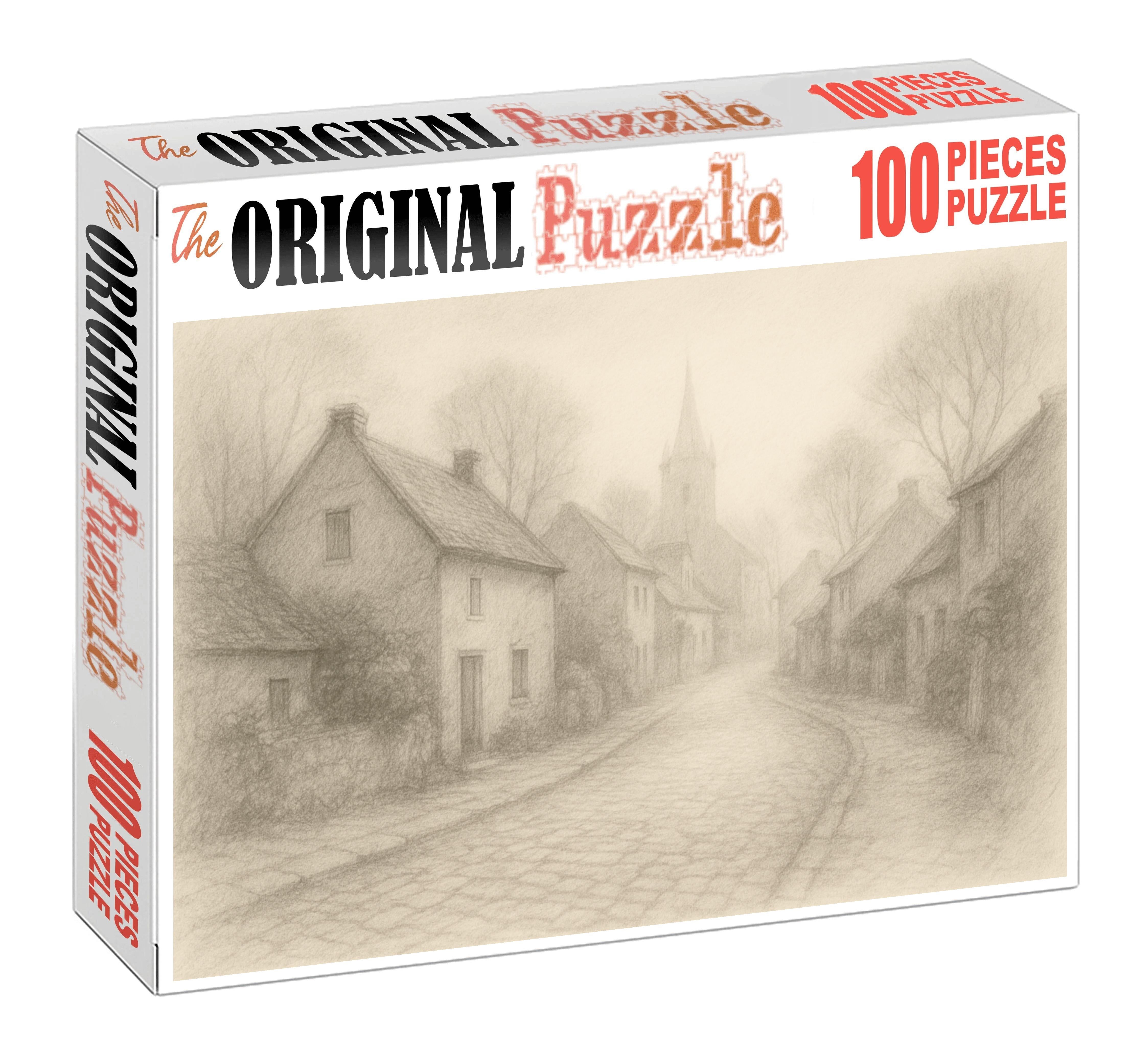Quiet Village Street Soft Pencil Atmospheric Sketch Premium Puzzle Pieces
