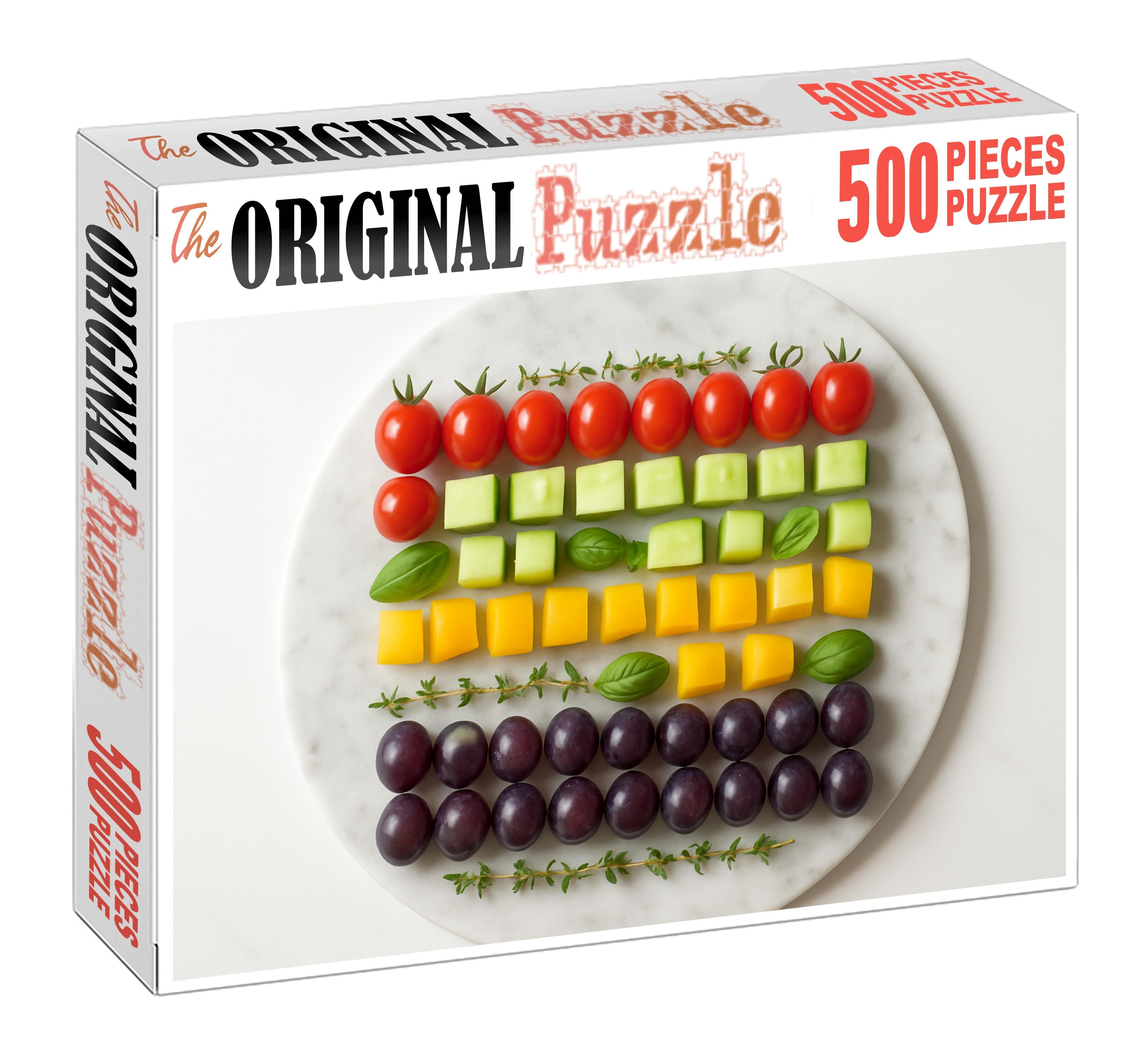 Garden Fresh Mosaic Colorful Veggies And Fruits In Geometric Patterns Puzzle Challenge