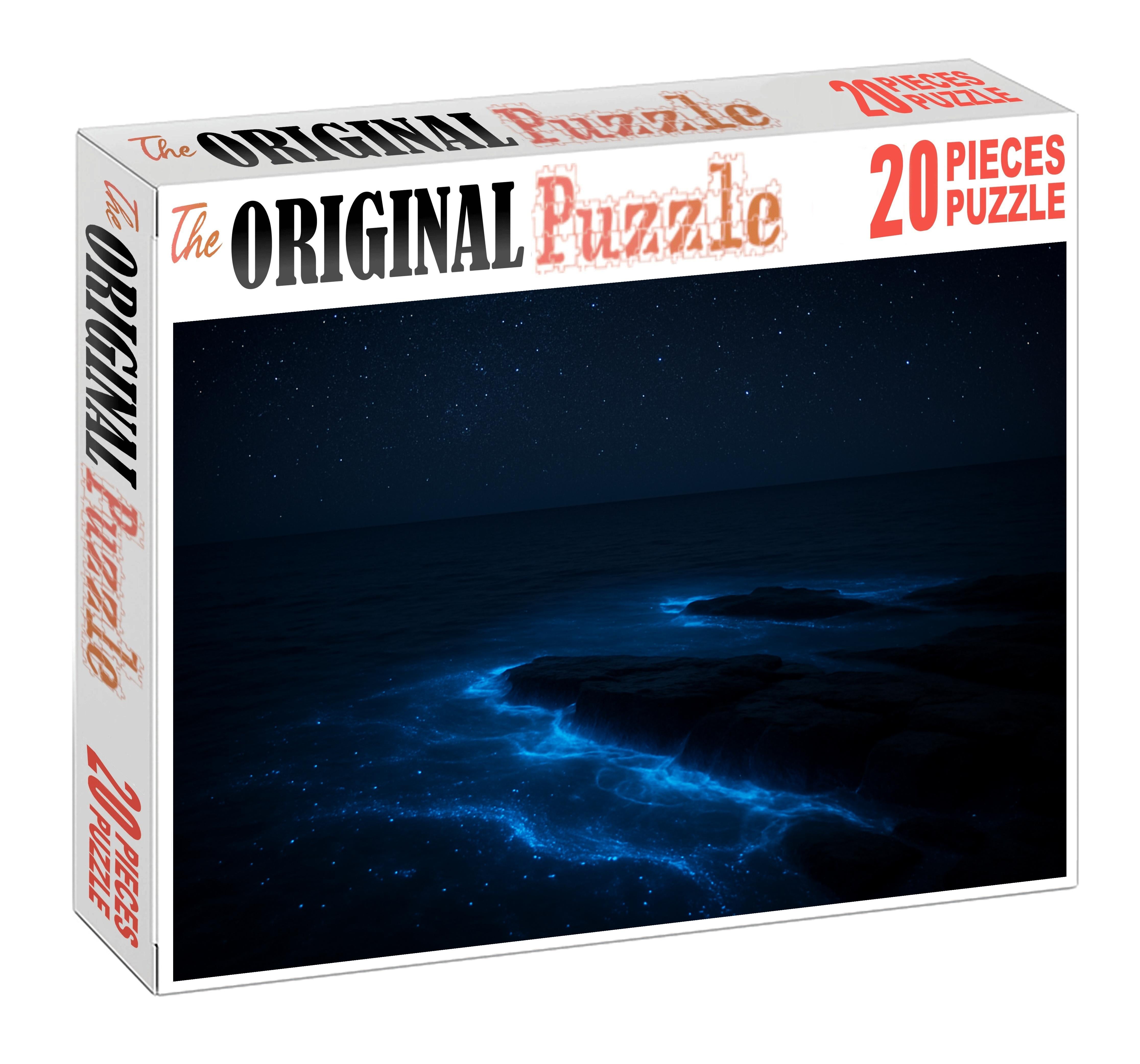 Celestial Bioluminescent Shelf Glowing Blue Waves On A Calm Night Challenging Puzzles