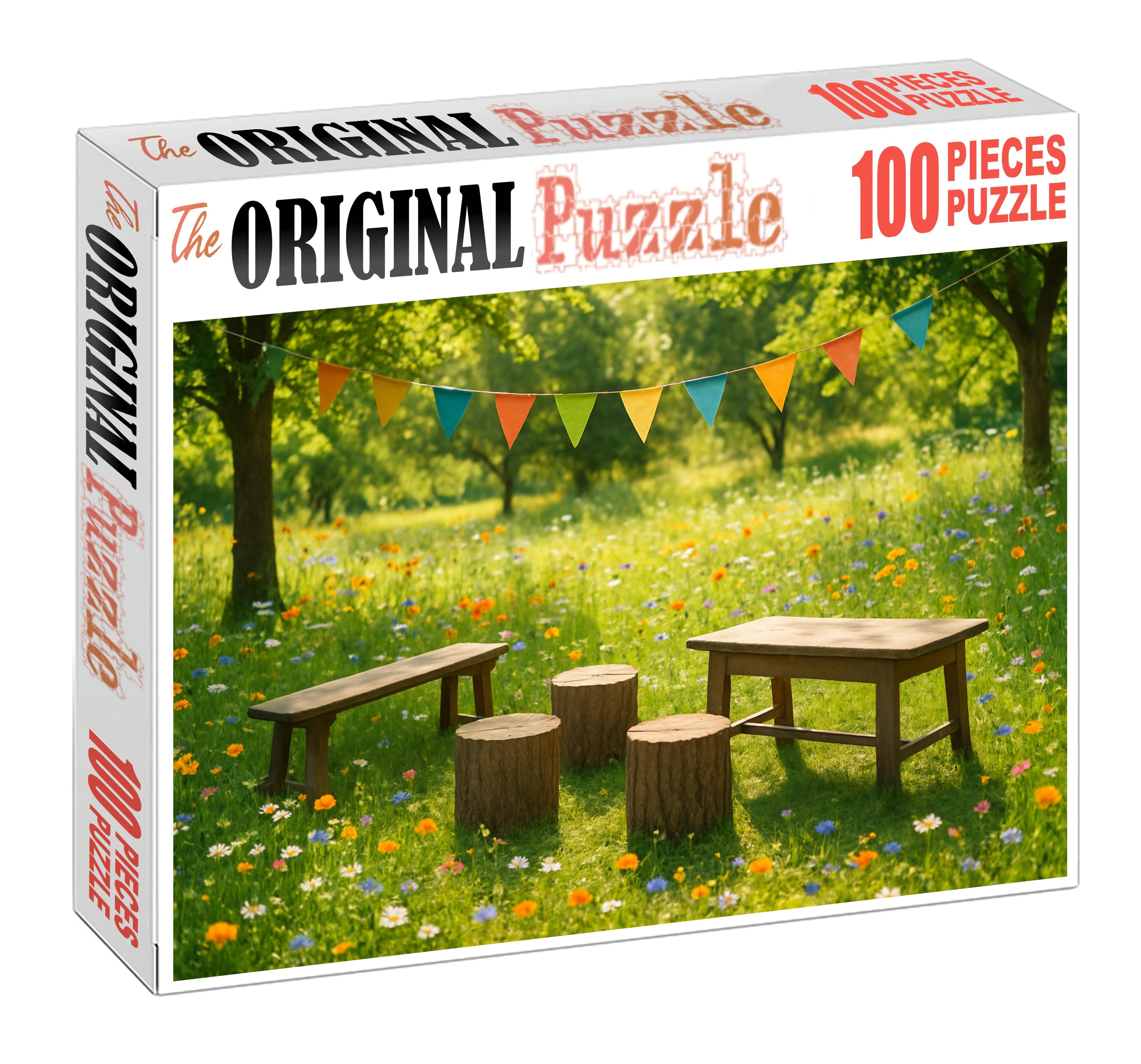 Vibrant Spring Meadow Gathering Wildflowers And Colorful Bunting 100 Piece Puzzle