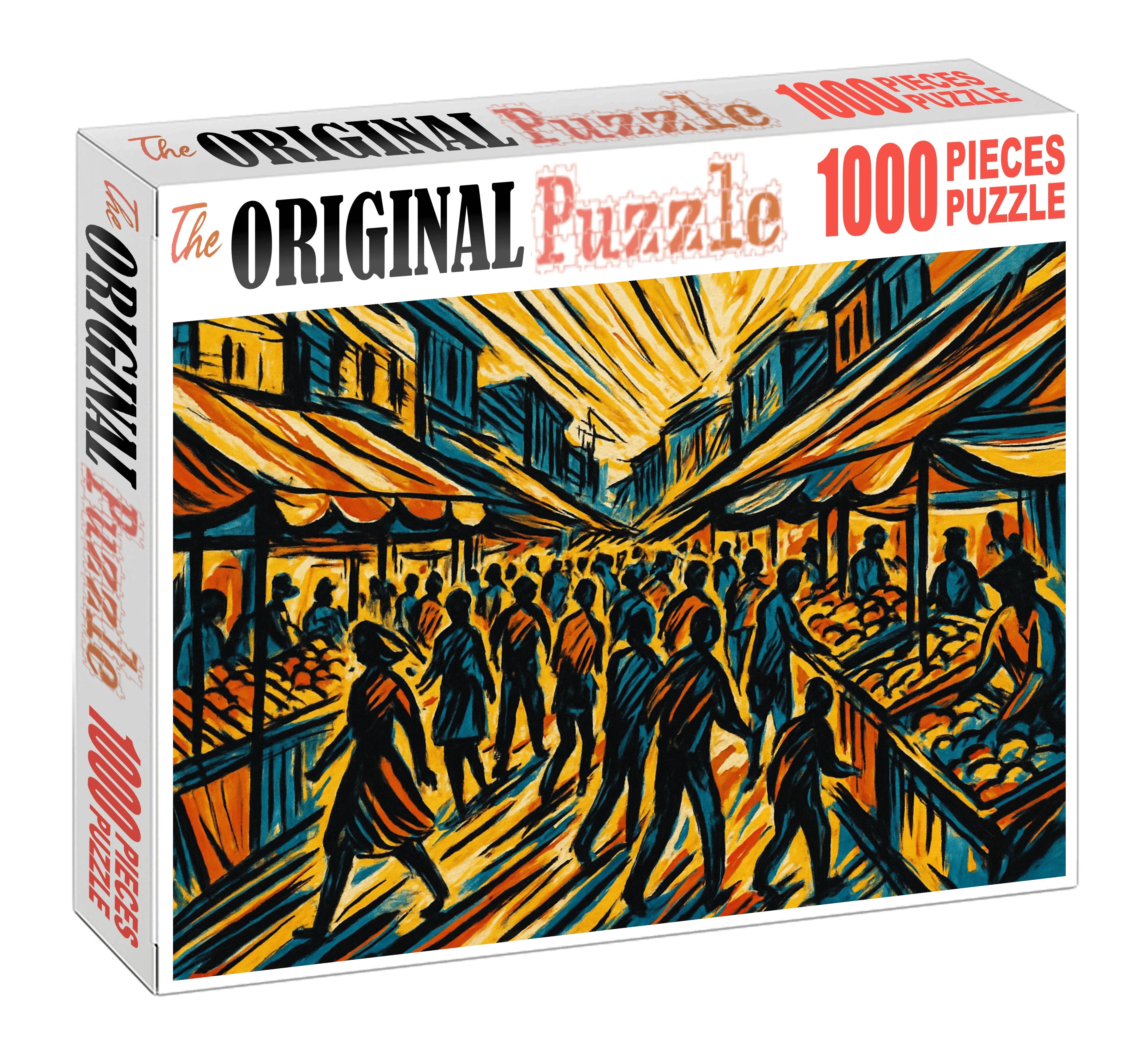 Dynamic Market Street Scene Expressive Ink Sketch With Bold Contours Large Format Puzzle