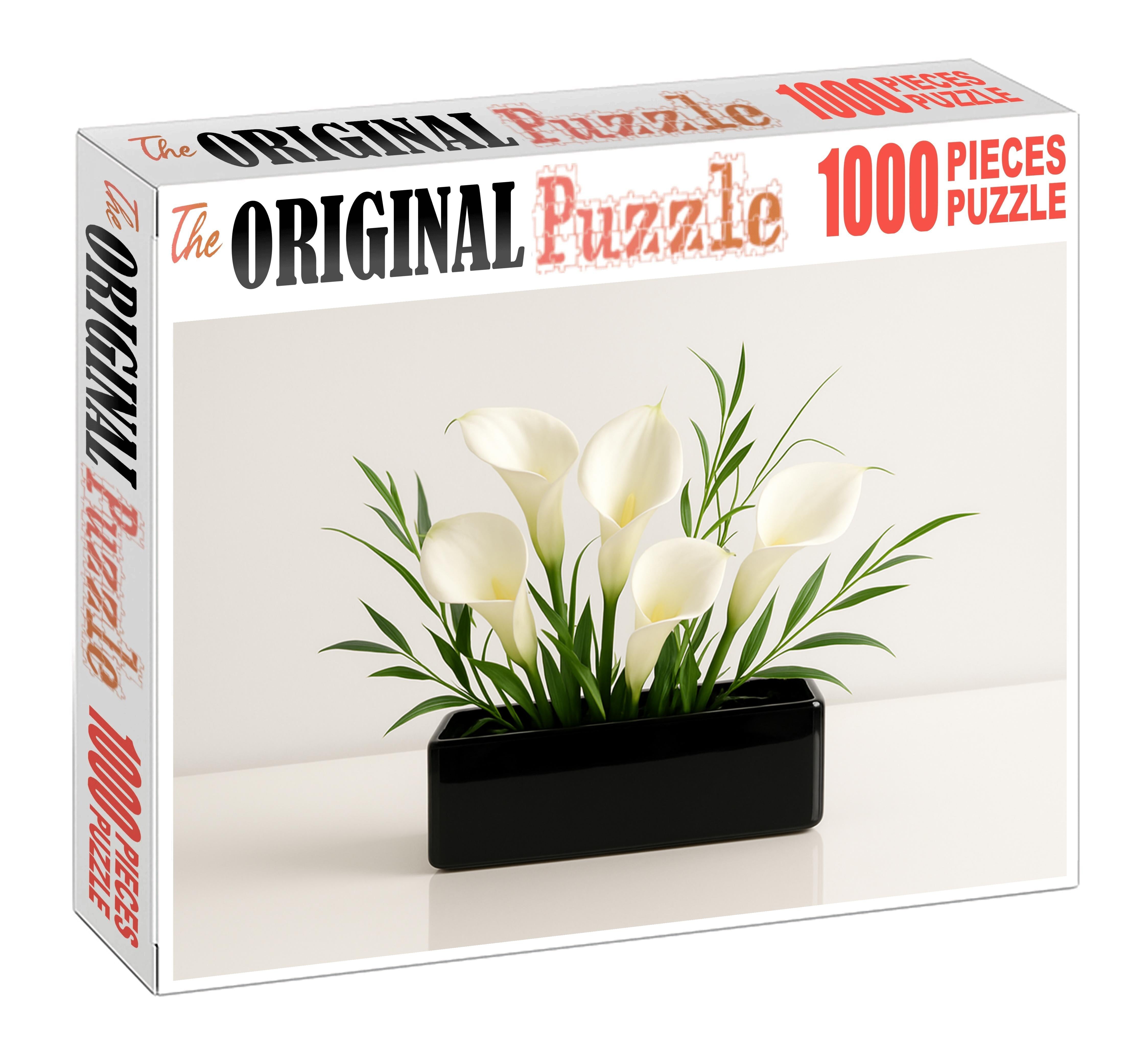Minimalist Winter Whites Sleek White Blooms In Glossy Black Container Family Puzzles