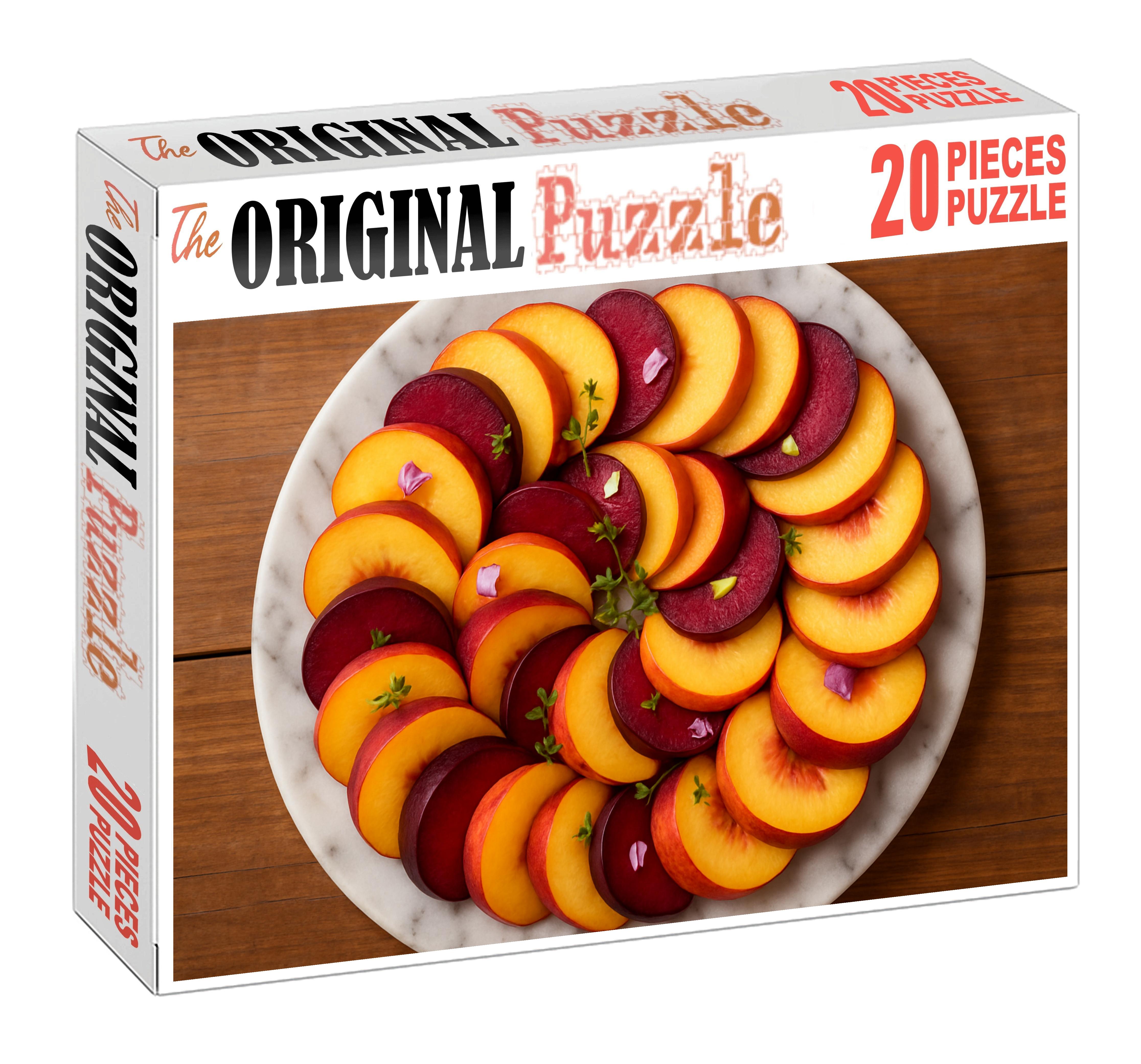 Stone Fruit Symphony Sliced Peaches Plums And Nectarines On Marble 20 Piece Puzzle