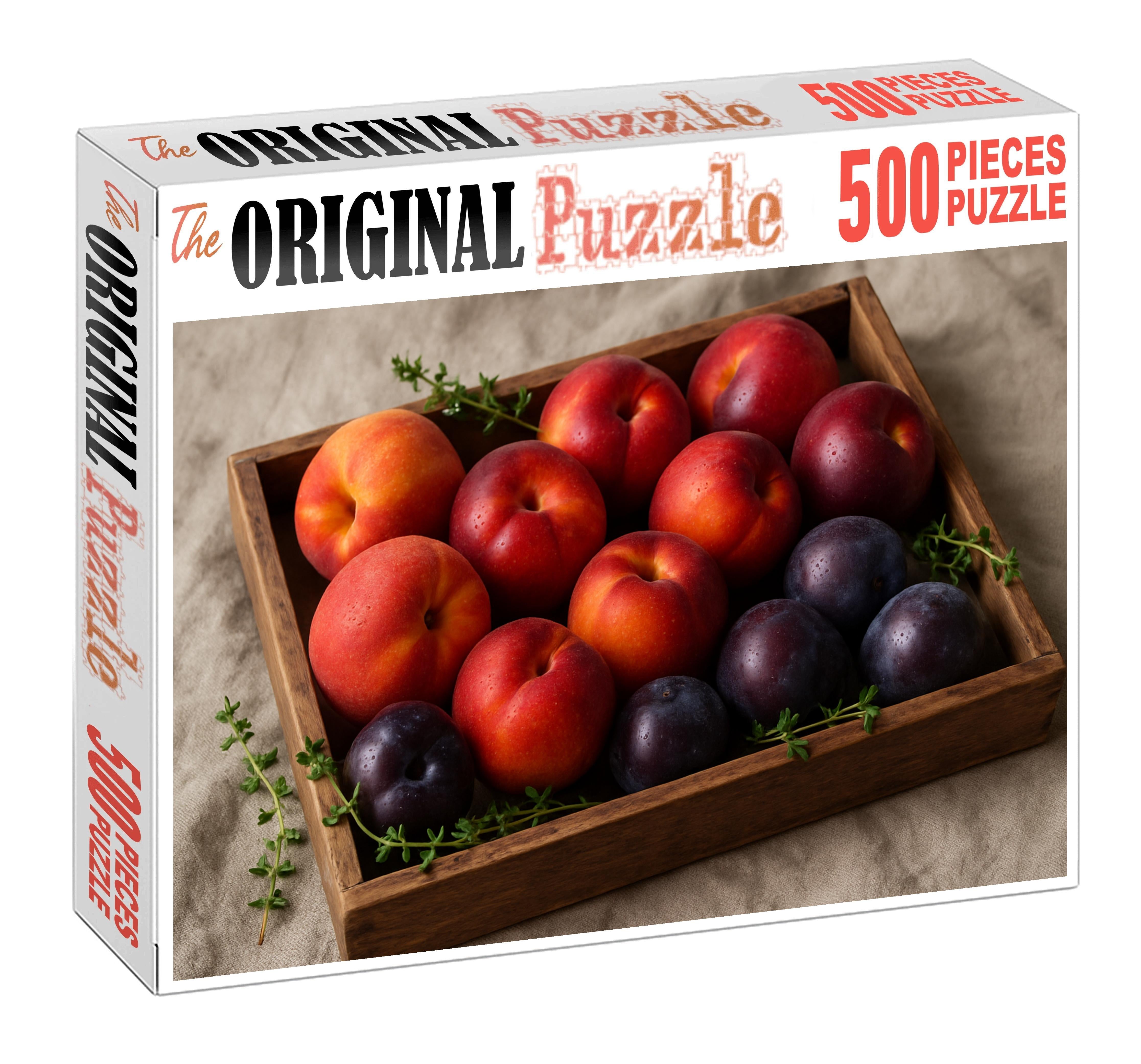 Sunset Orchard Elegance Peaches Plums And Nectarines In A Rustic Display 20 Piece Puzzle