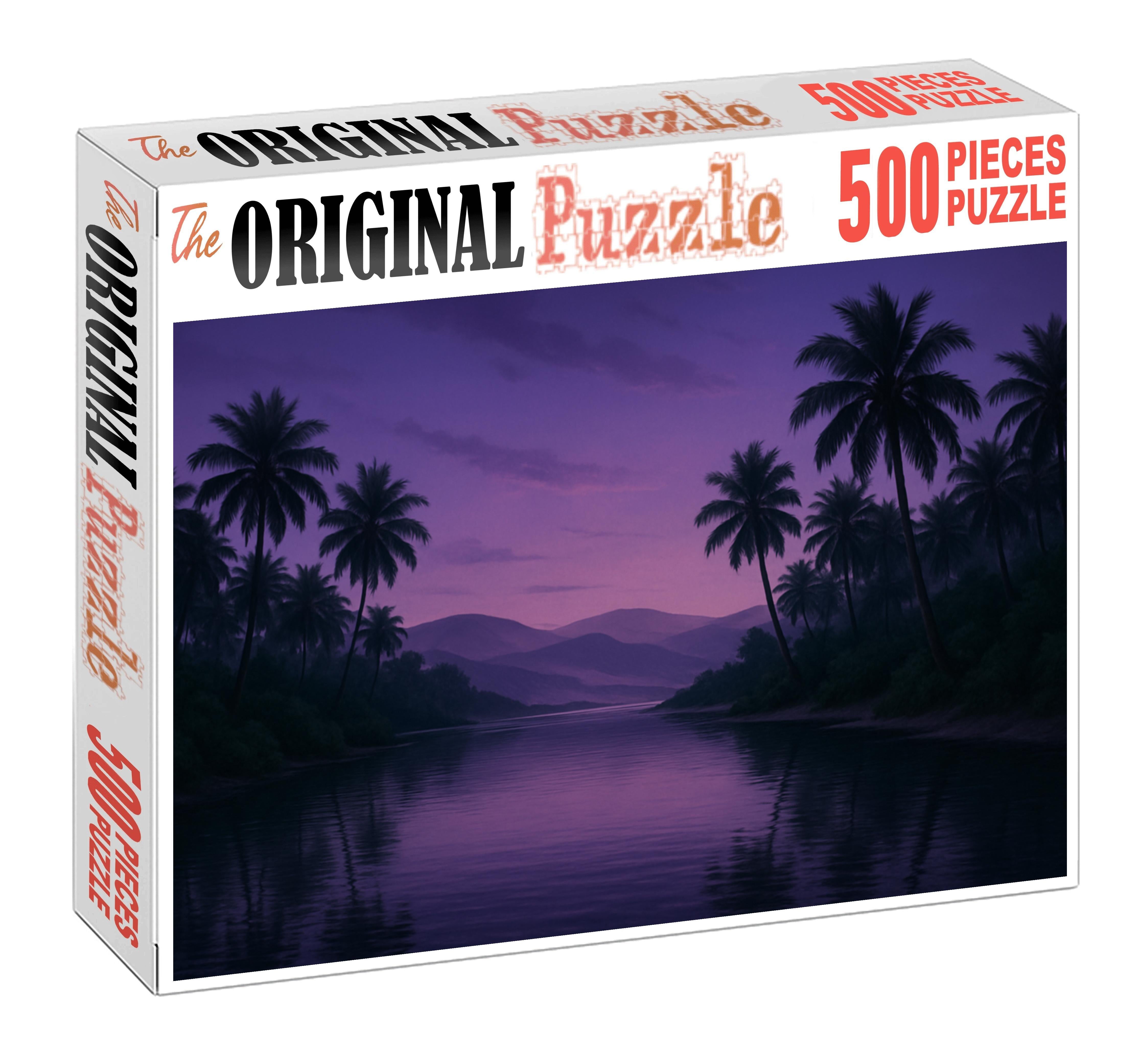 Twilight Oasis Haven Emerald Palms And Reflective Lagoon Premium Puzzle Pieces