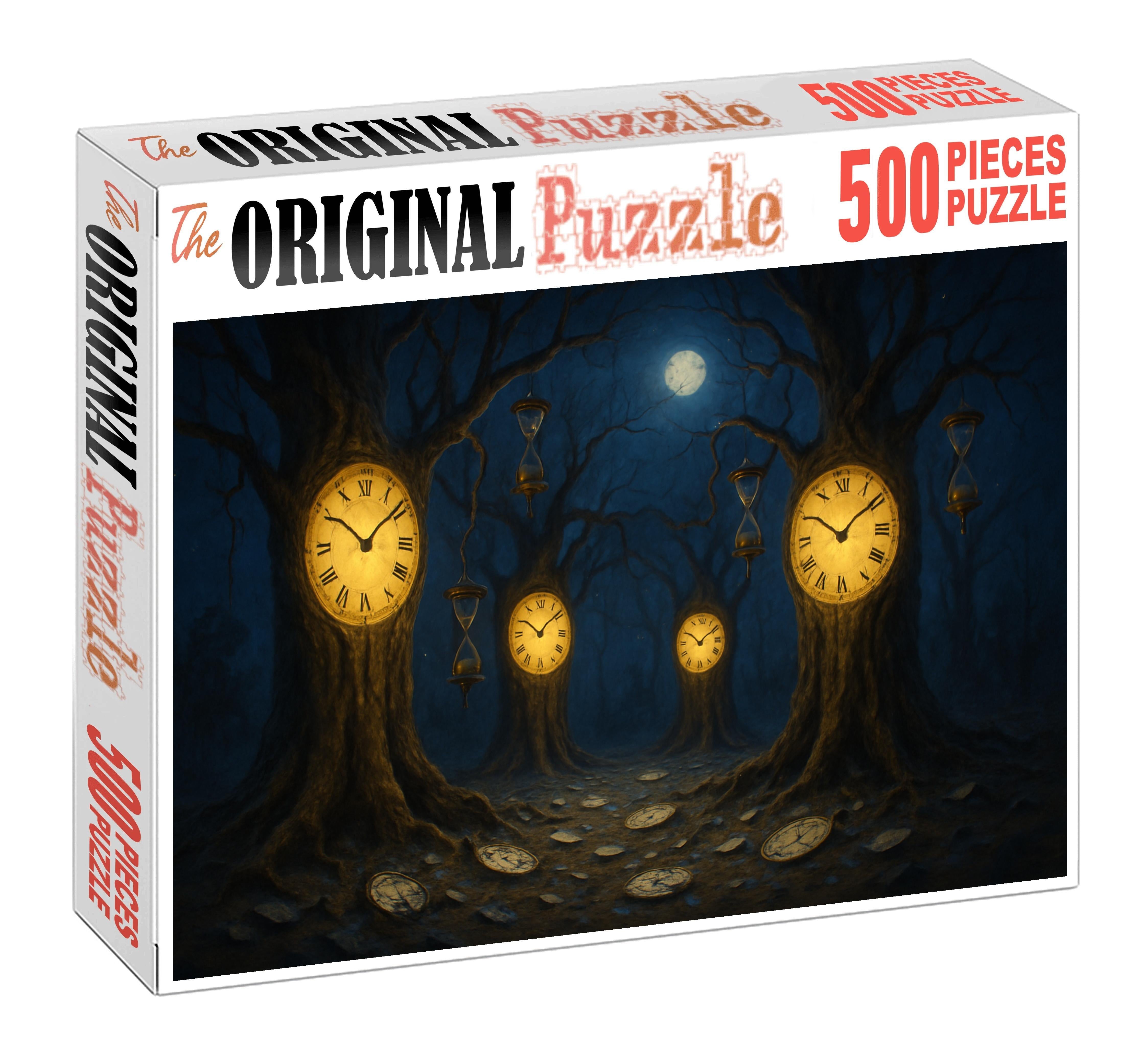 Fractured Timepiece Forest Trees With Clock Faces And Twisting Branches Custom Jigsaw Puzzle