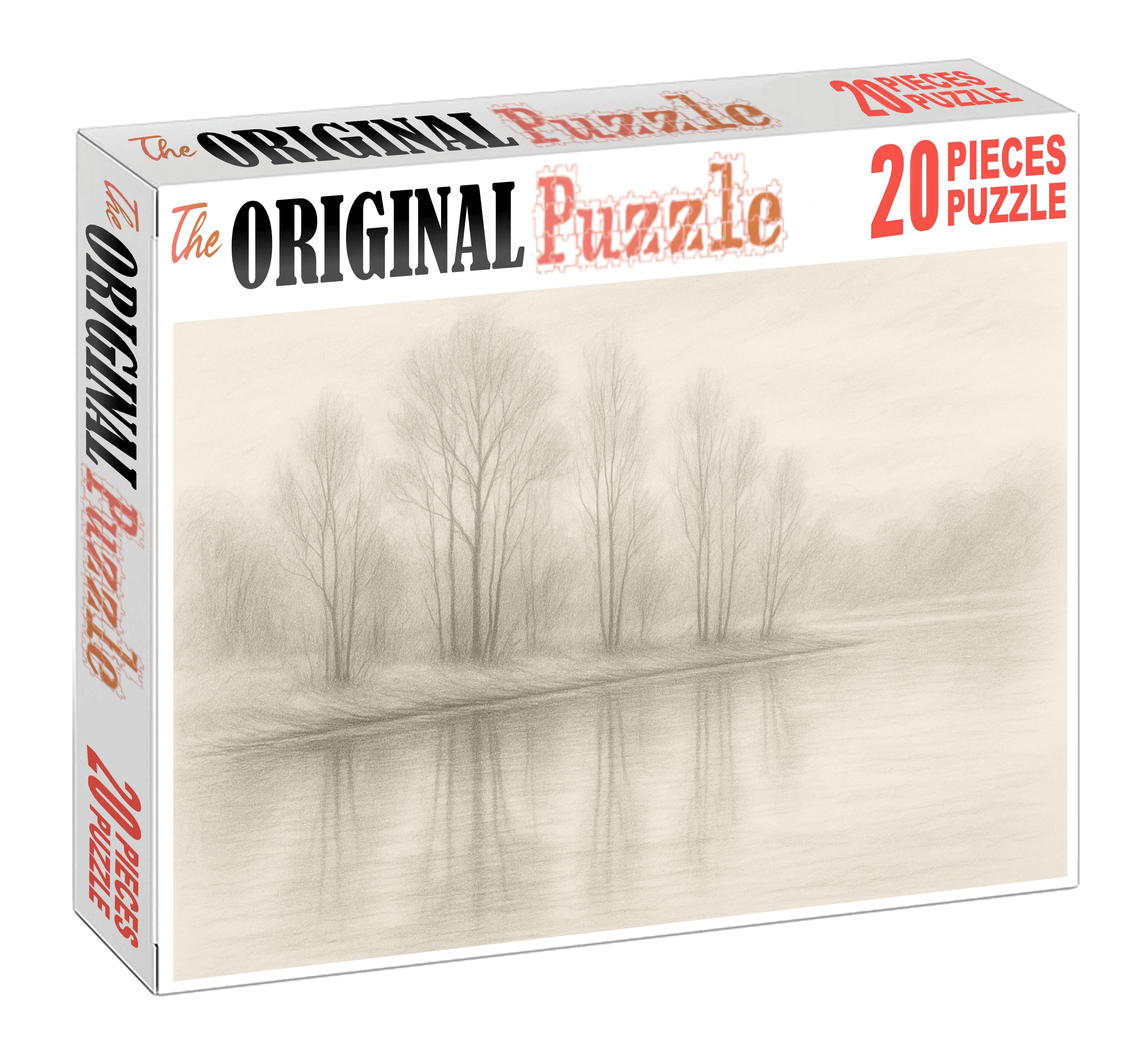 Serene Lakeside Reflections Soft Pencil Sketch Of Water And Trees Large Format Puzzle