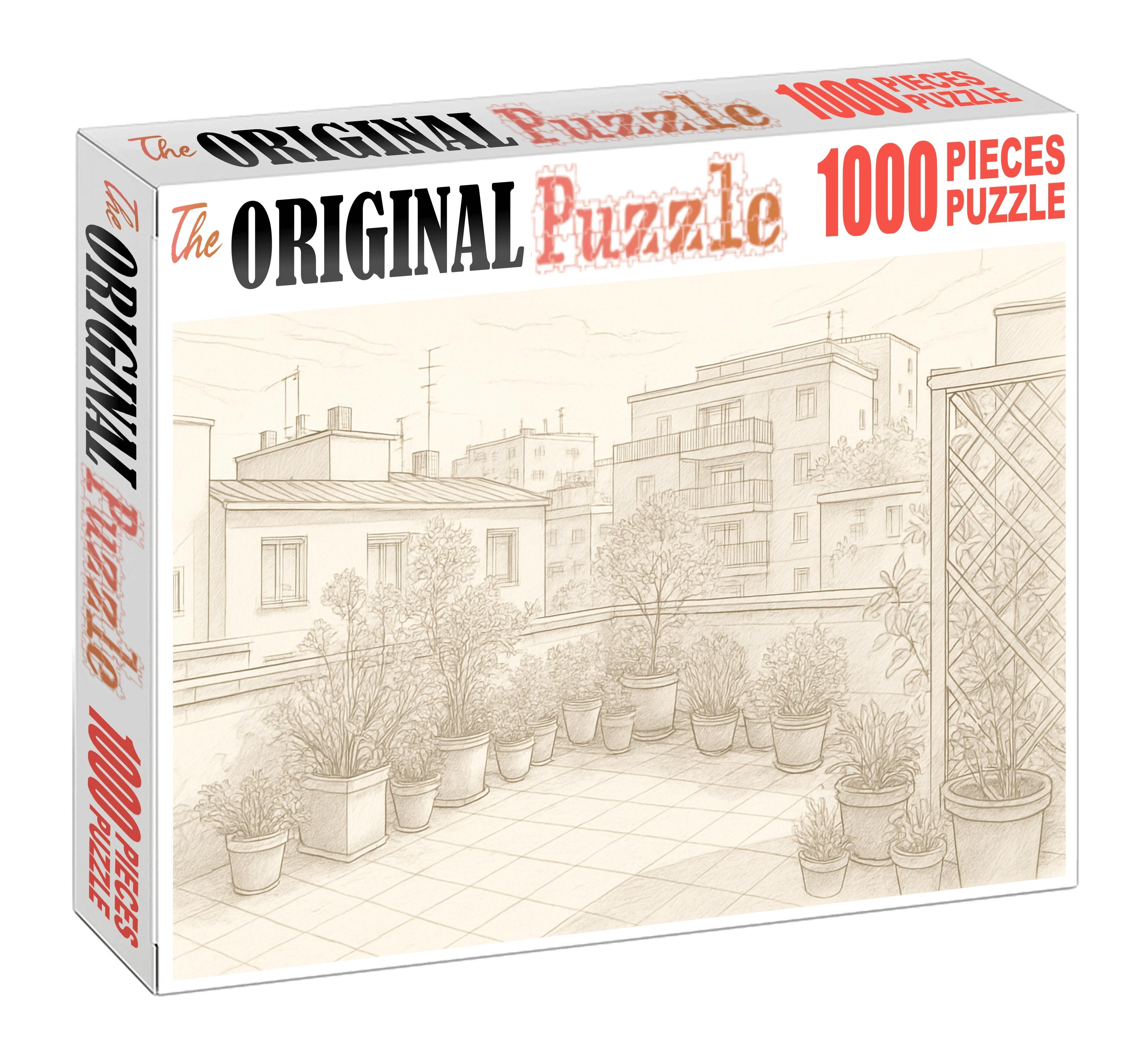 Urban Rooftop Garden Sketch Delicate Ink Lines And Subtle Wash Large Format Puzzle