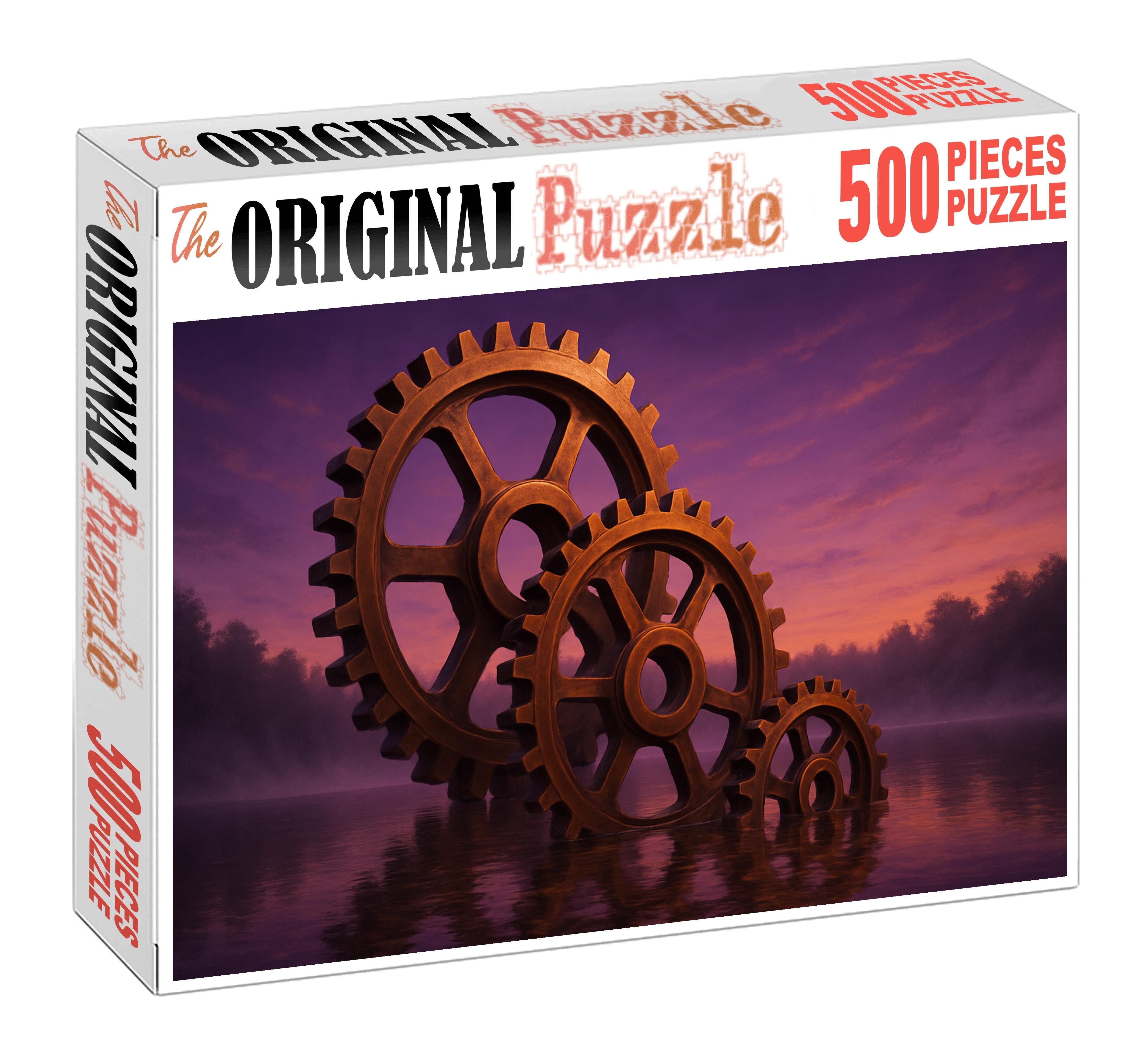 Clockwork Serenade Giant Gears Embracing A Twilight Lake Unique Puzzle Design