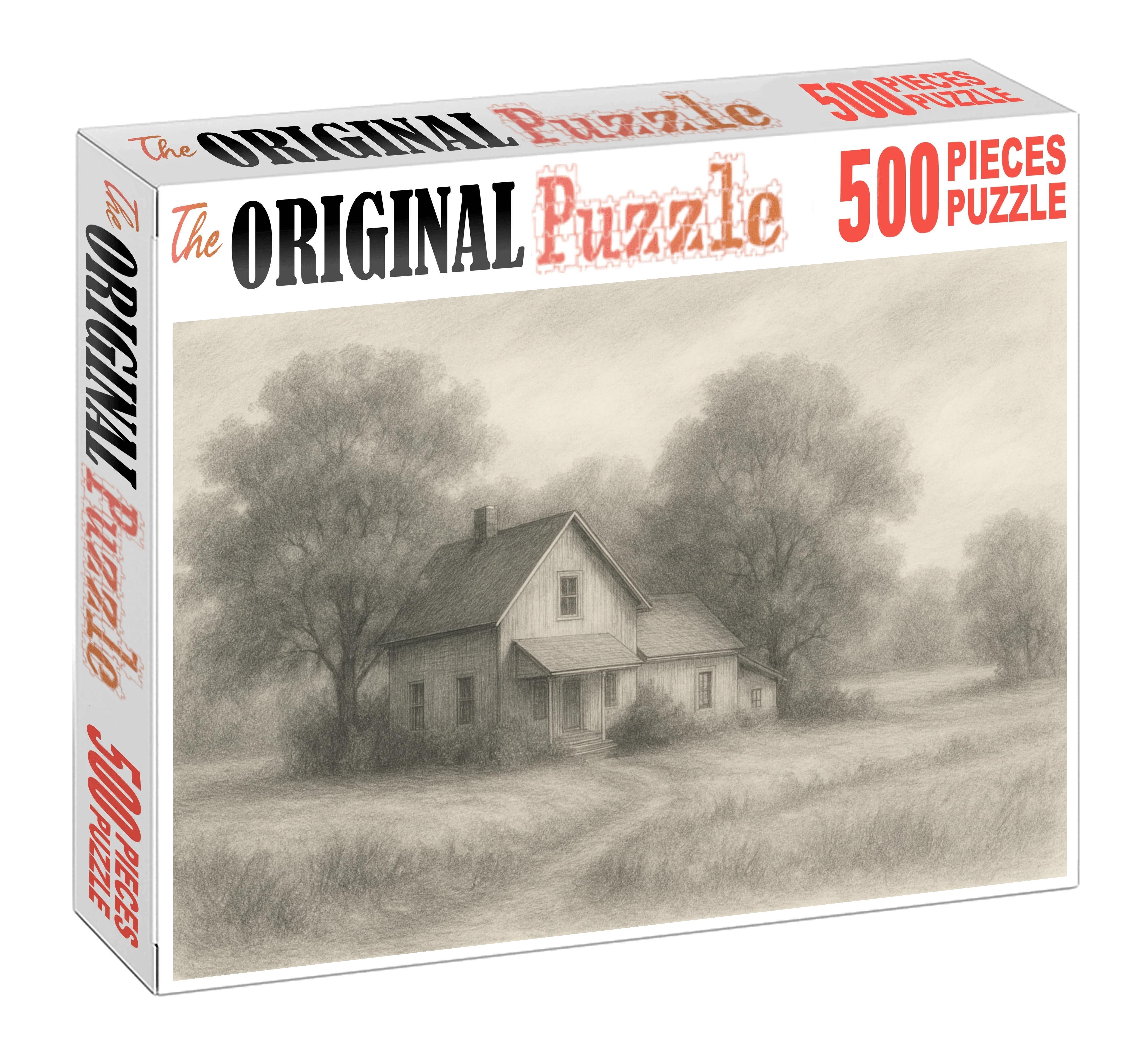 Quiet Countryside Homestead Soft Graphite Sketch With Subtle Tonal Layers Large Format Puzzle