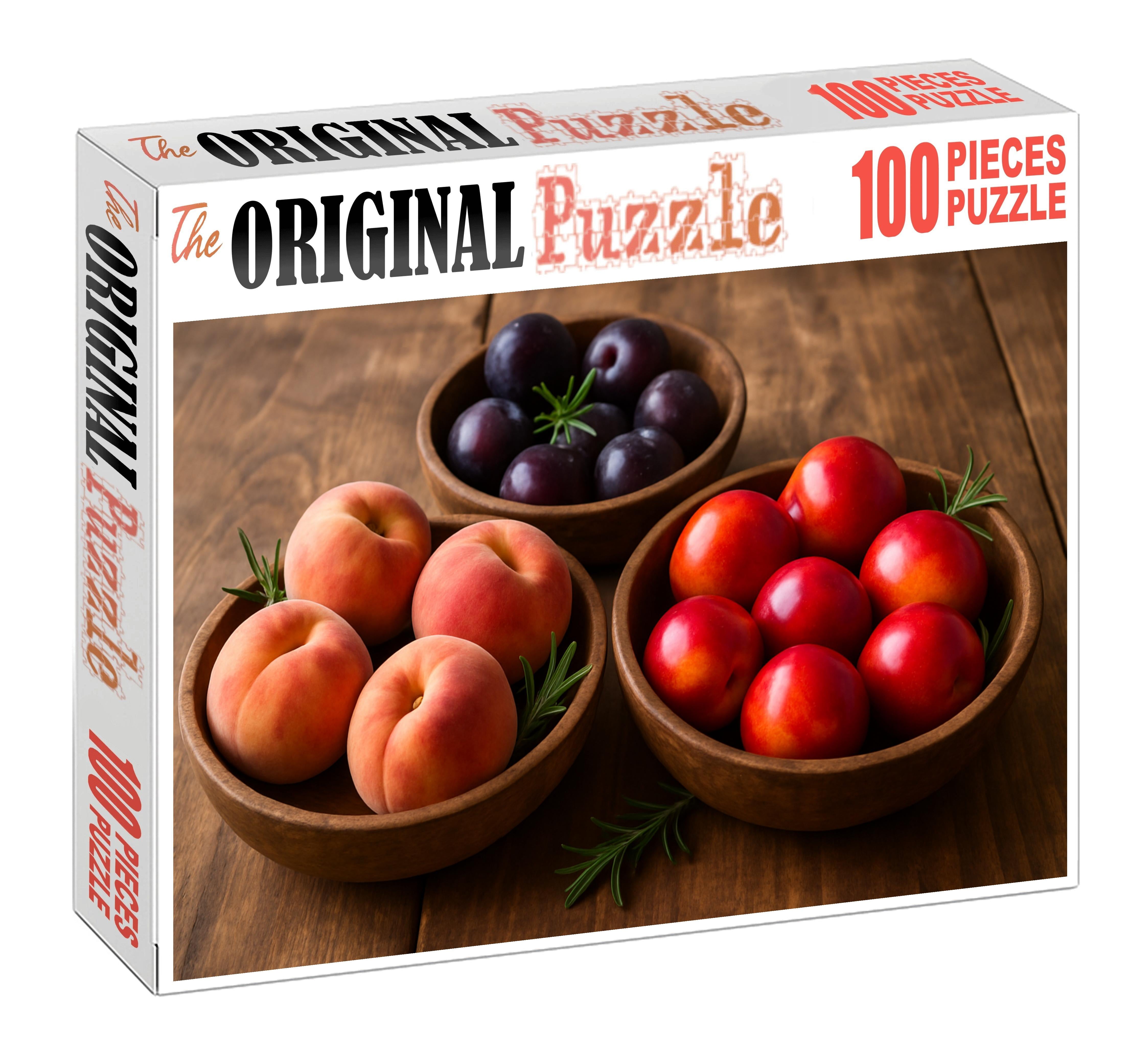 Stone Fruit Serenade Peaches Nectarines And Plums In Rustic Wooden Bowls Premium Puzzle Pieces