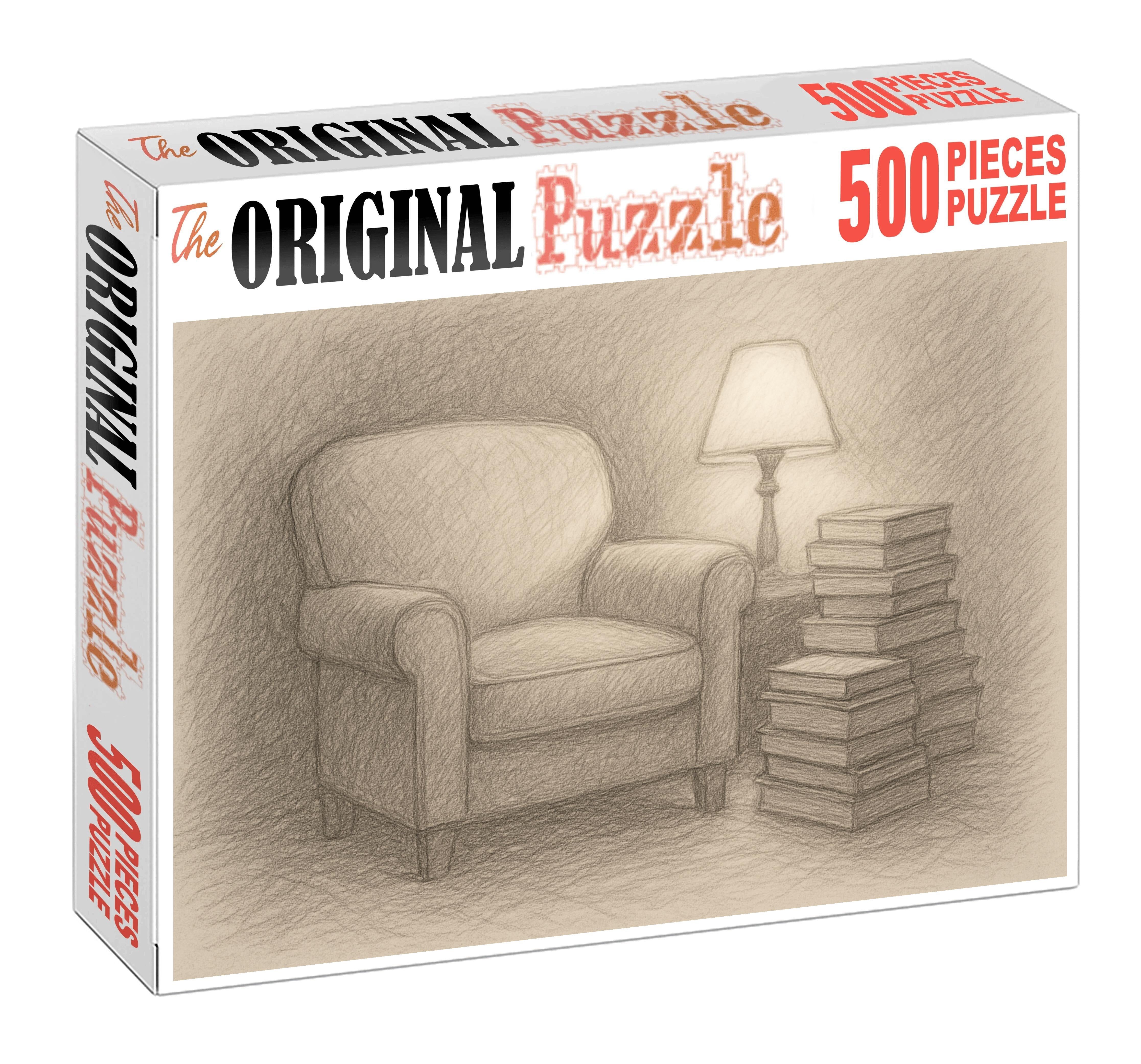 Quiet Library Nook Soft Pencil Rendering Of Cozy Reading Corner Puzzle Collection