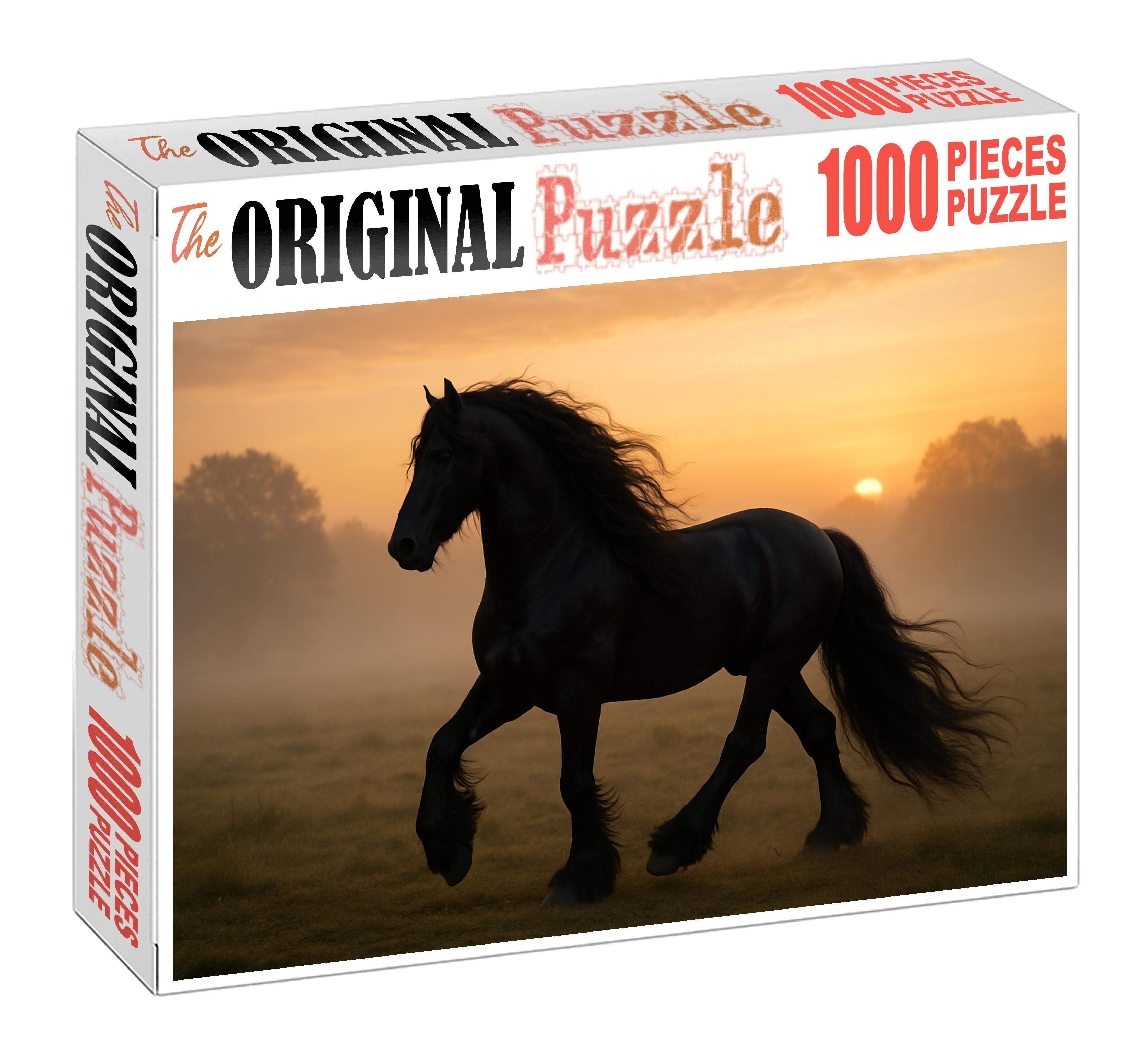 Ebony Crest Majestic Black Friesian Stallion With Flowing Mane 500 Piece Puzzle