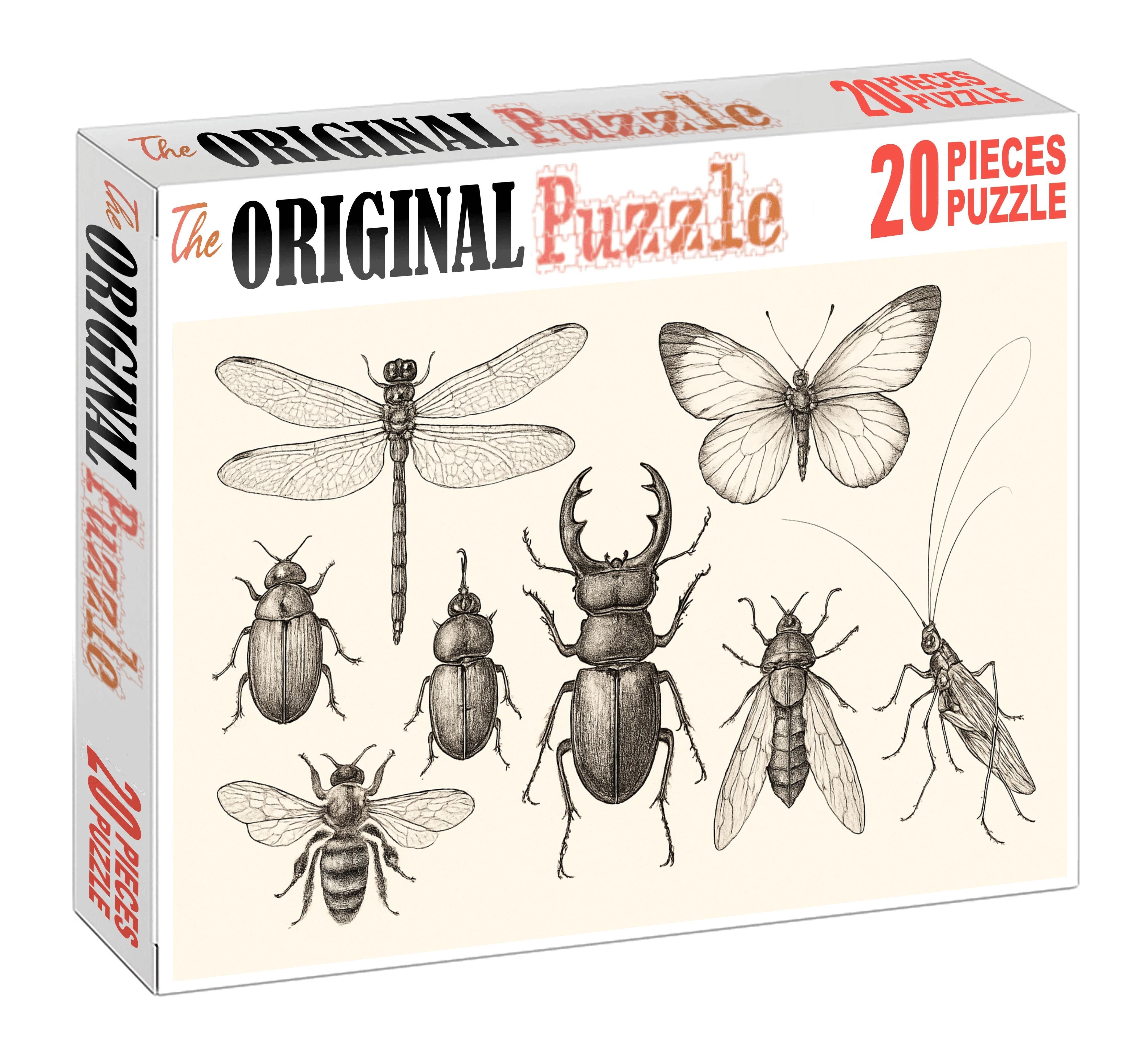 Whimsical Insect Parade Delicate Ink Line Drawing Of Forest Bugs 20 Piece Puzzle