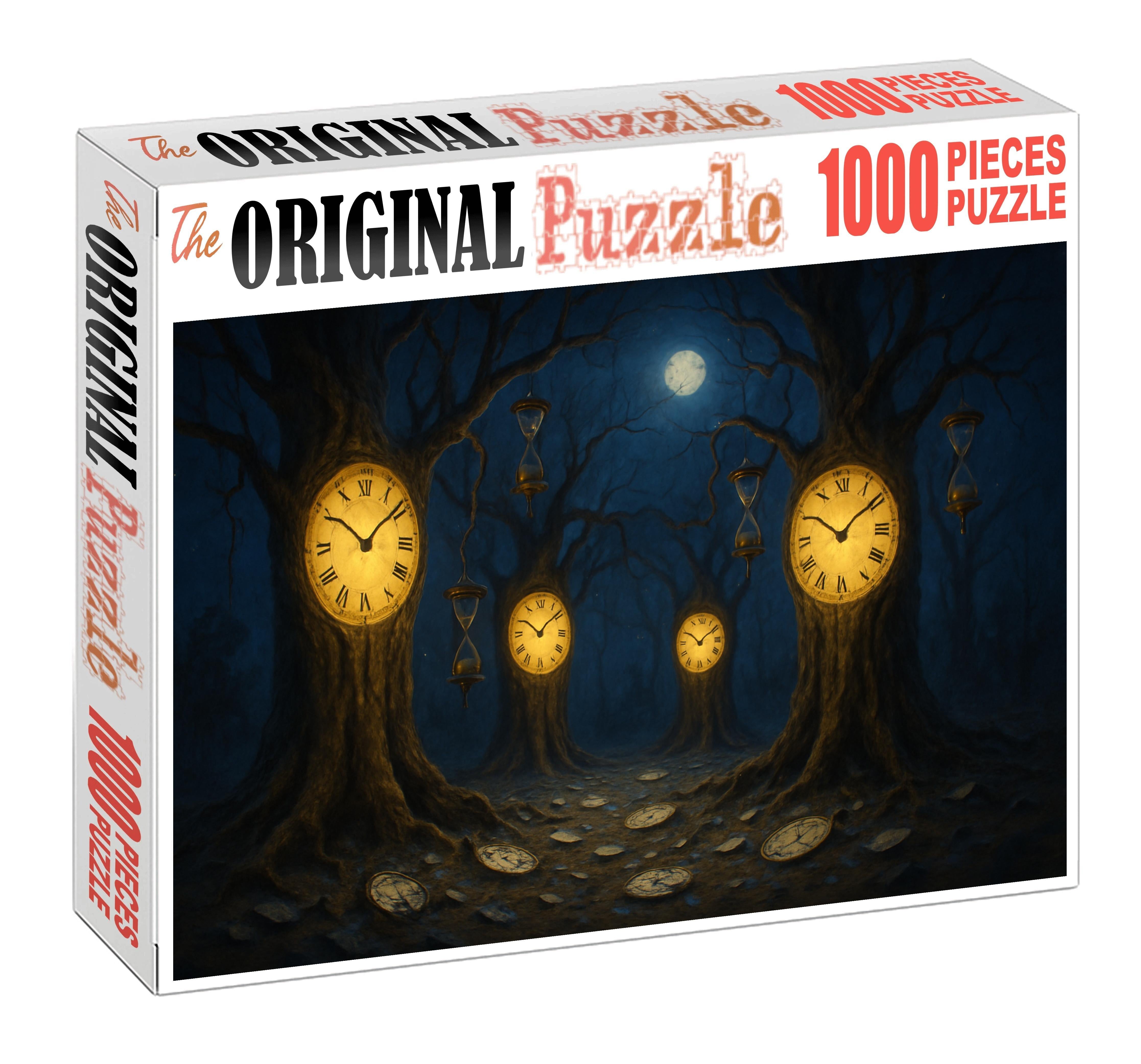 Fractured Timepiece Forest Trees With Clock Faces And Twisting Branches Custom Jigsaw Puzzle