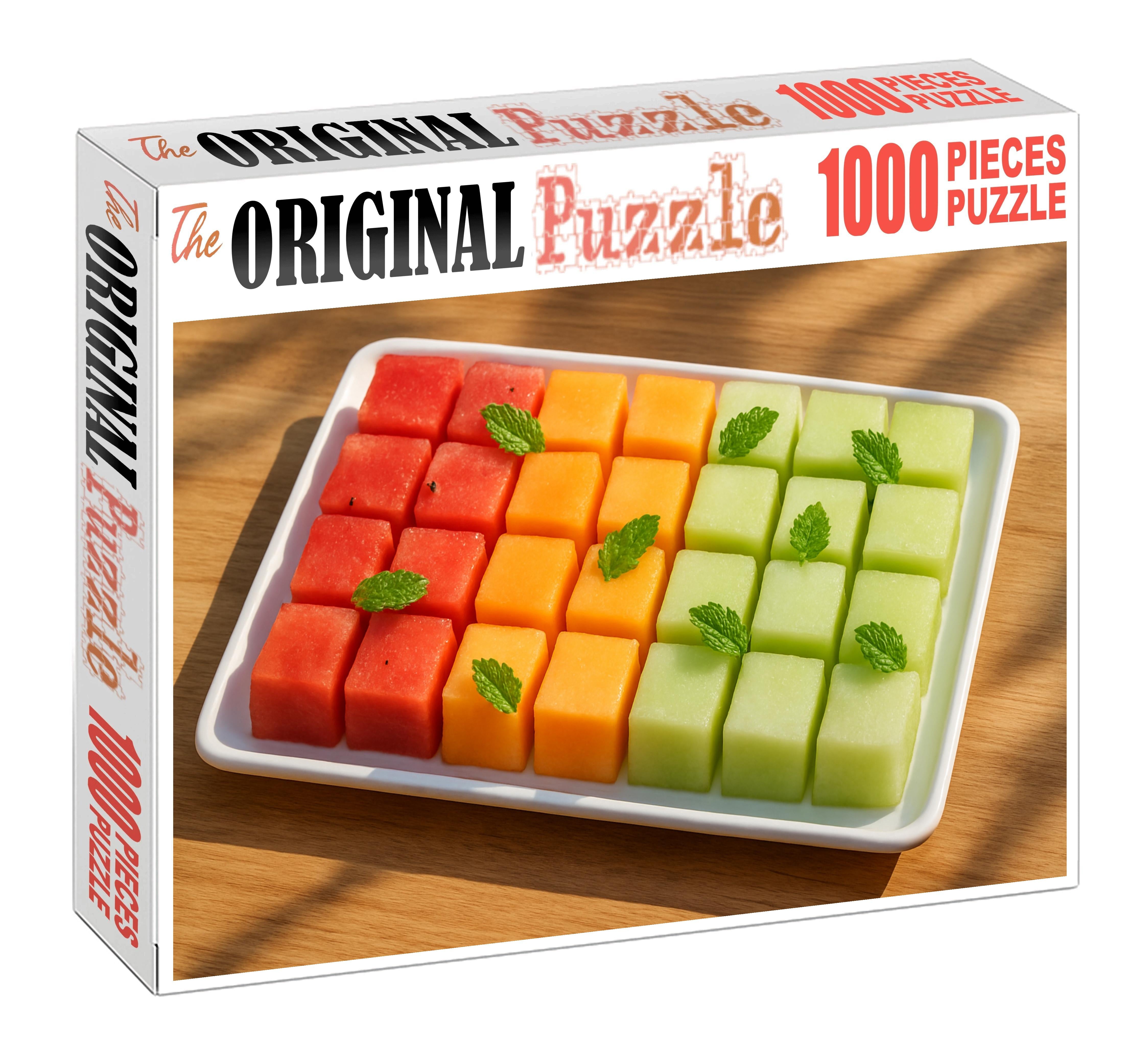 Sunset Melon Medley Watermelon Cantaloupe And Honeydew Cubes With Mint Premium Puzzle Pieces