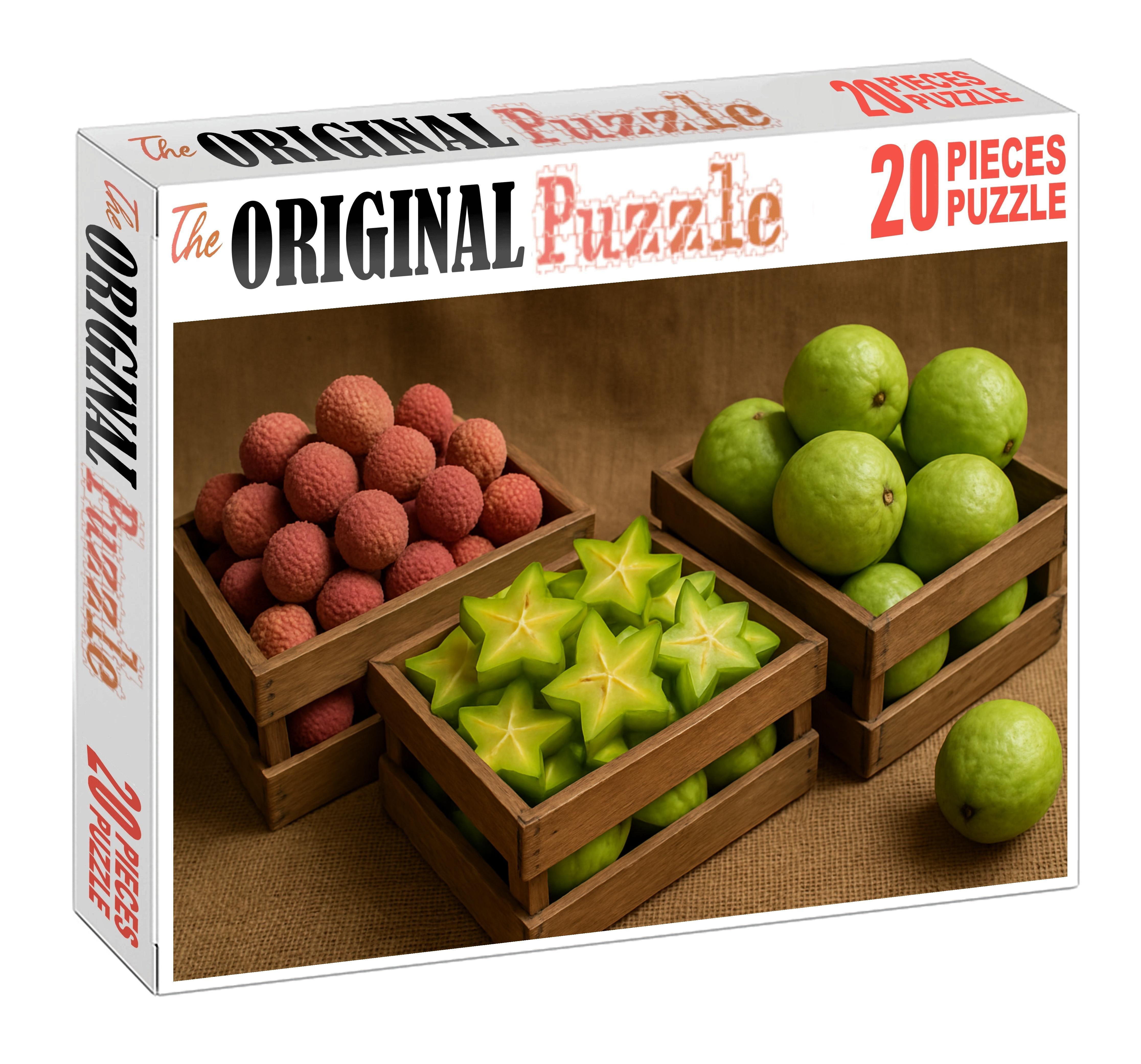 Exotic Market Spread Guava Starfruit And Lychee In Natural Wooden Crates Mini Puzzle