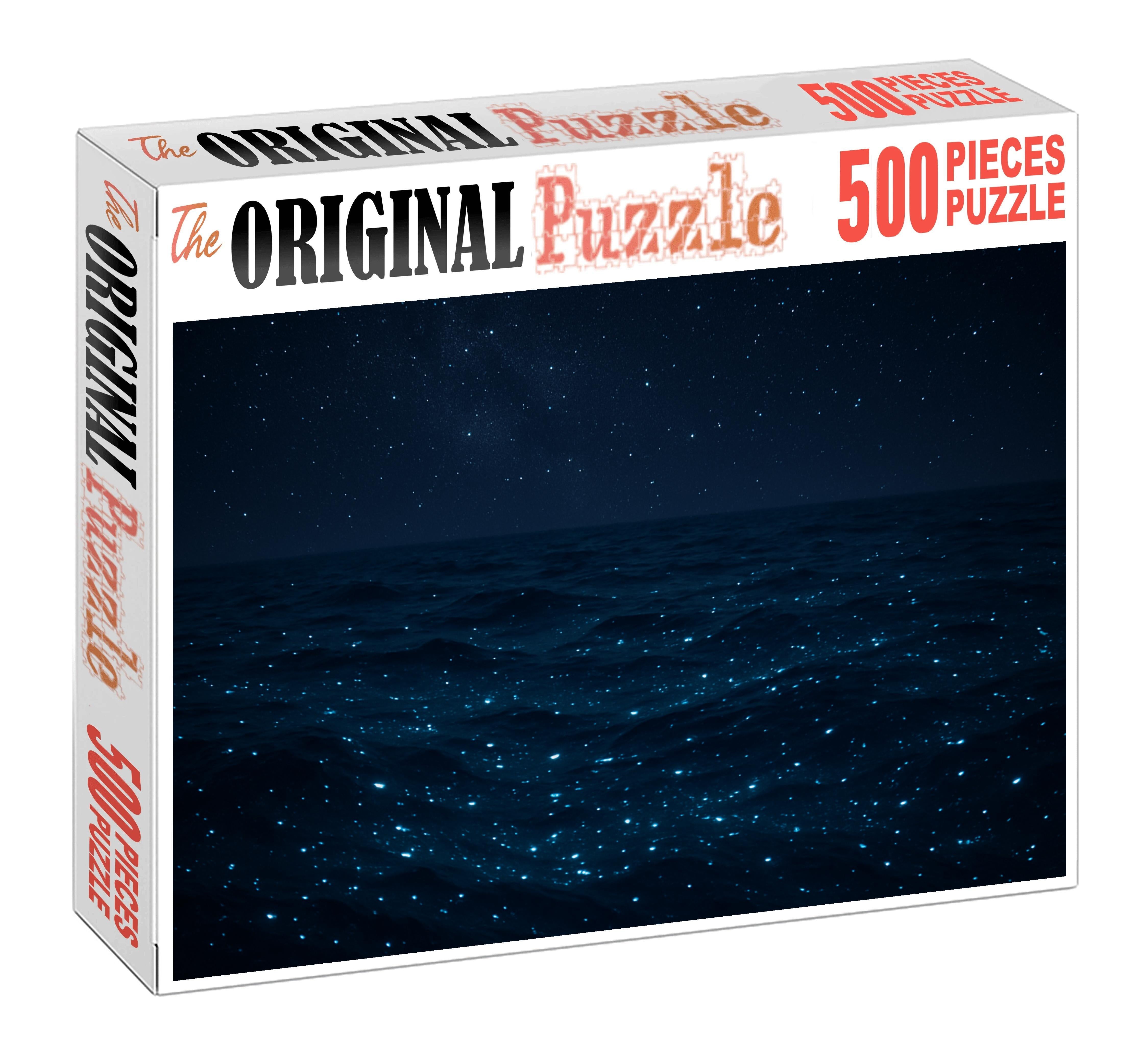 Midnight Bioluminescent Drift Glowing Creatures Beneath Starlit Waves Premium Puzzle Pieces