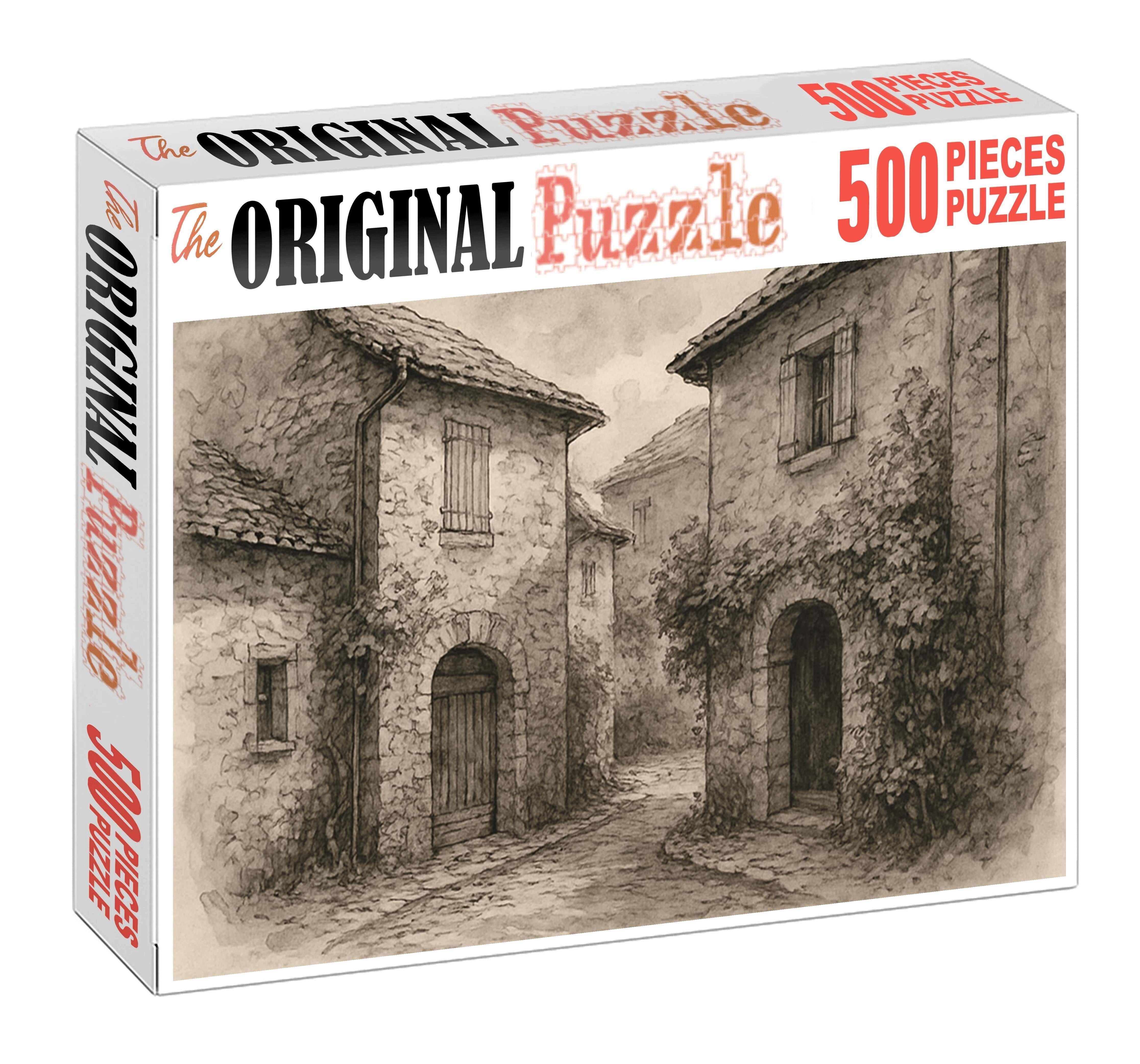 Rustic Village Scene Ink Pen And Wash Drawing With Textured Architectural Detail Mini Puzzle