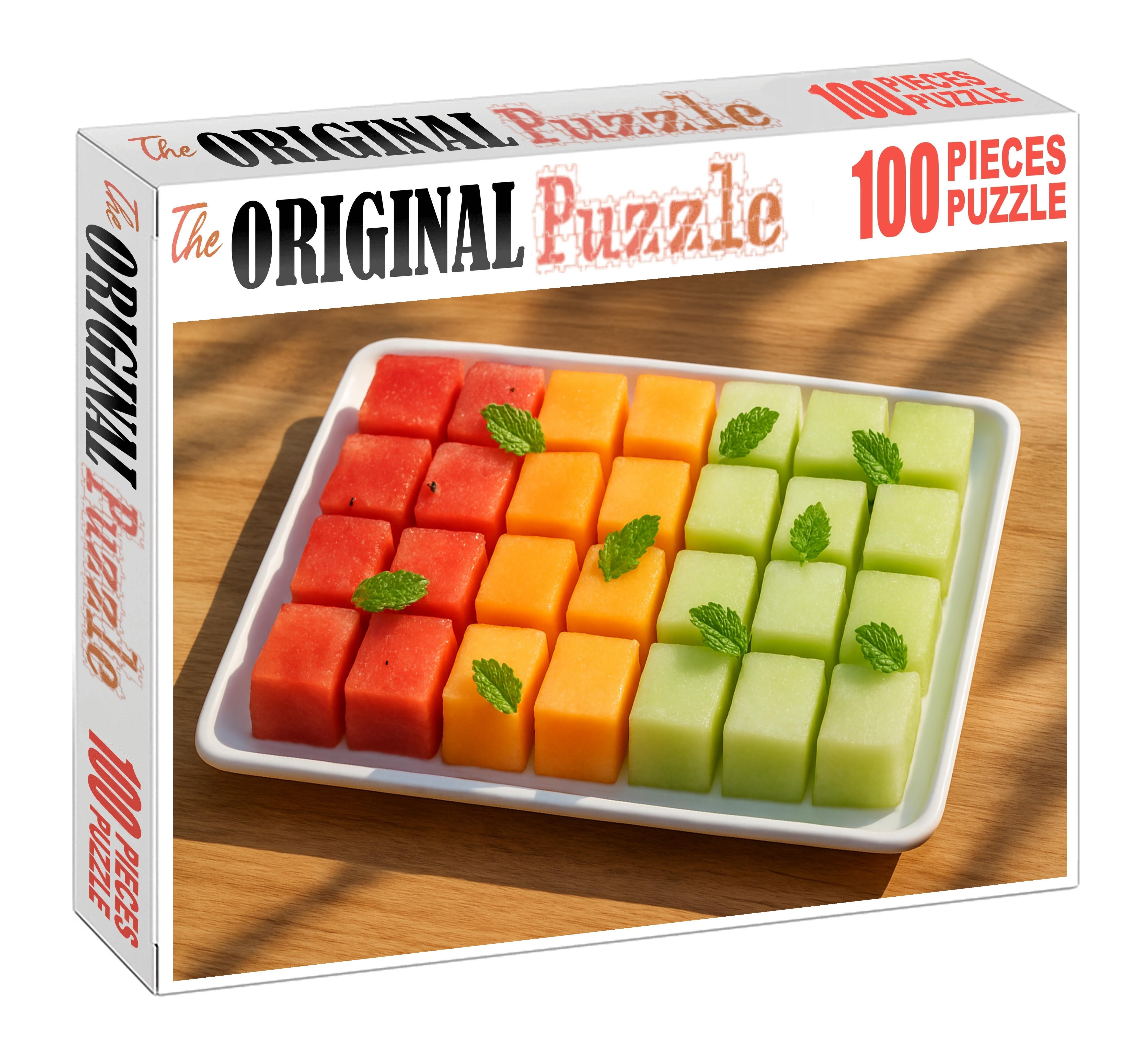 Sunset Melon Medley Watermelon Cantaloupe And Honeydew Cubes With Mint Premium Puzzle Pieces