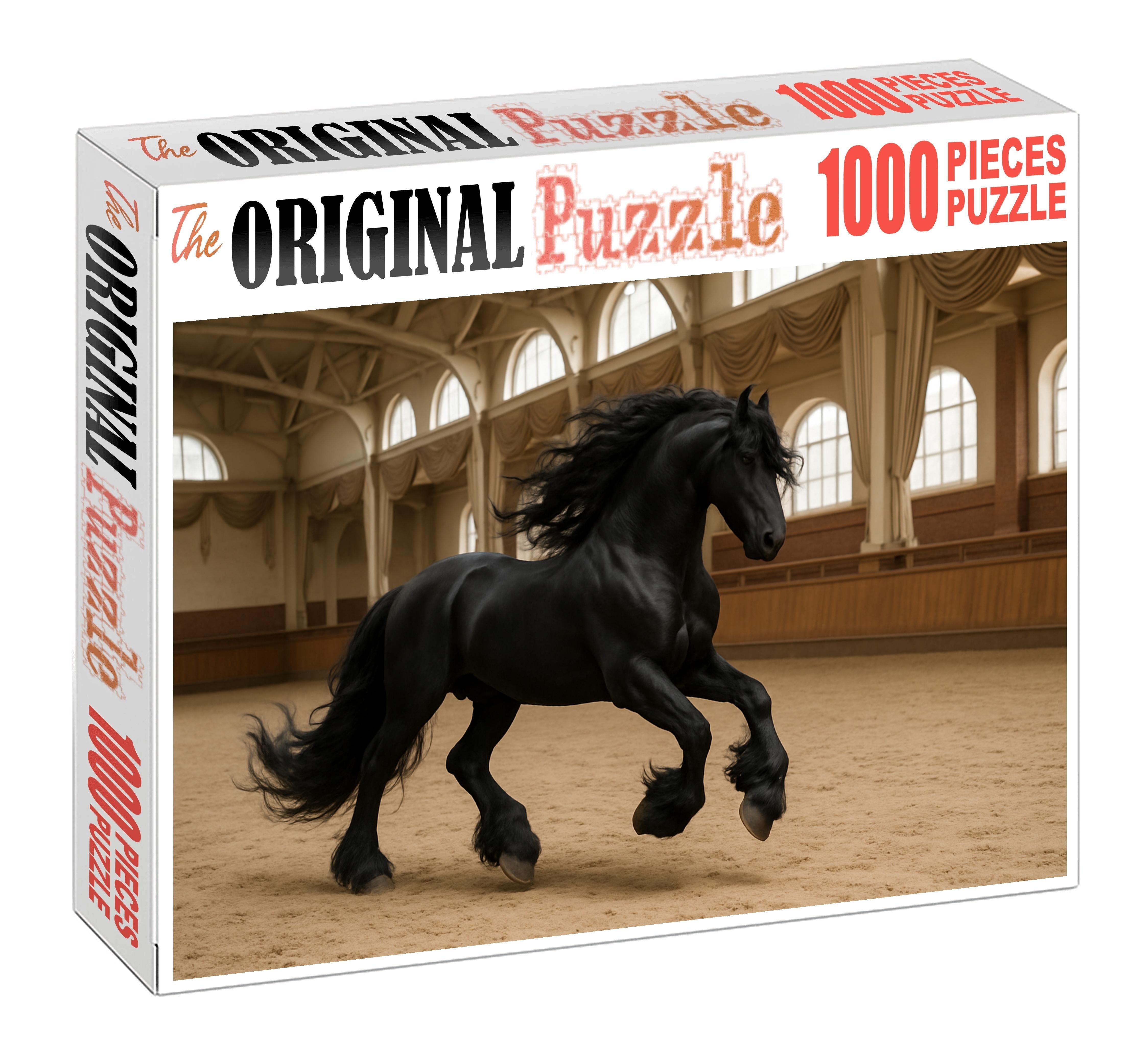 Ebony Breeze Friesian Majestic Black Stallion With Flowing Feathers Large Format Puzzle