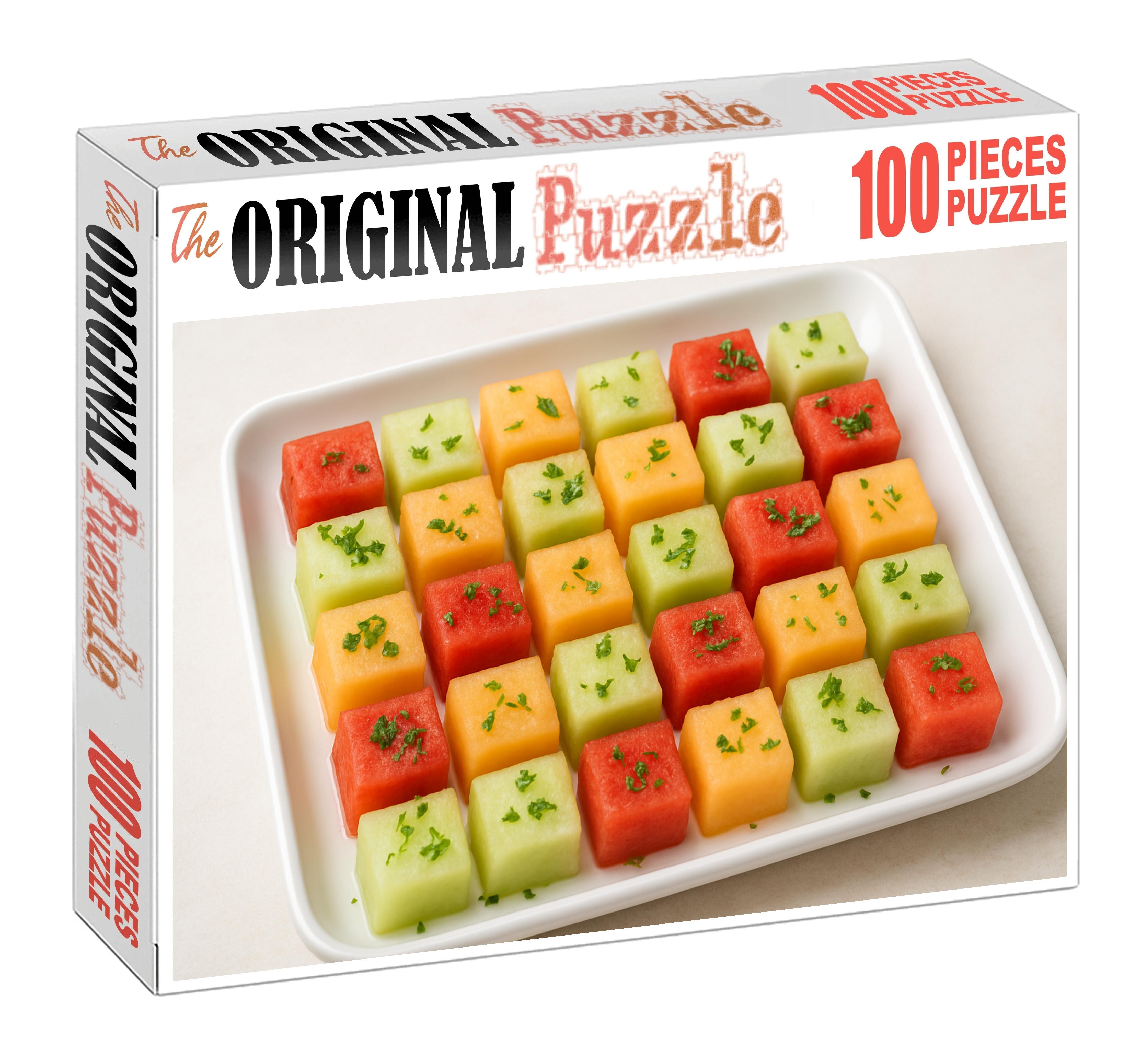 Melon Mosaic Cubed Watermelon Cantaloupe And Honeydew In Geometric Patterns Premium Puzzle Pieces