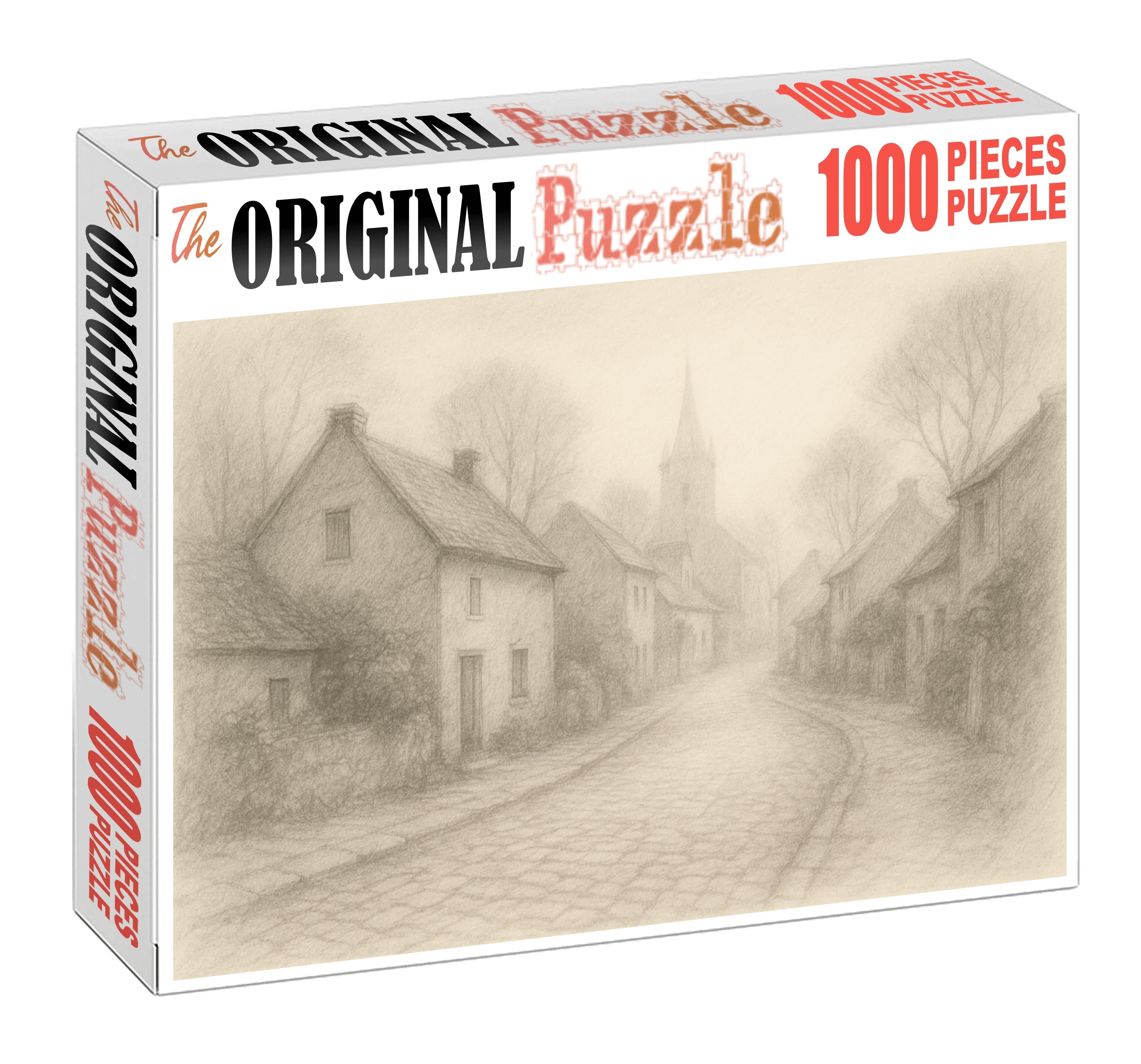 Quiet Village Street Soft Pencil Atmospheric Sketch Premium Puzzle Pieces
