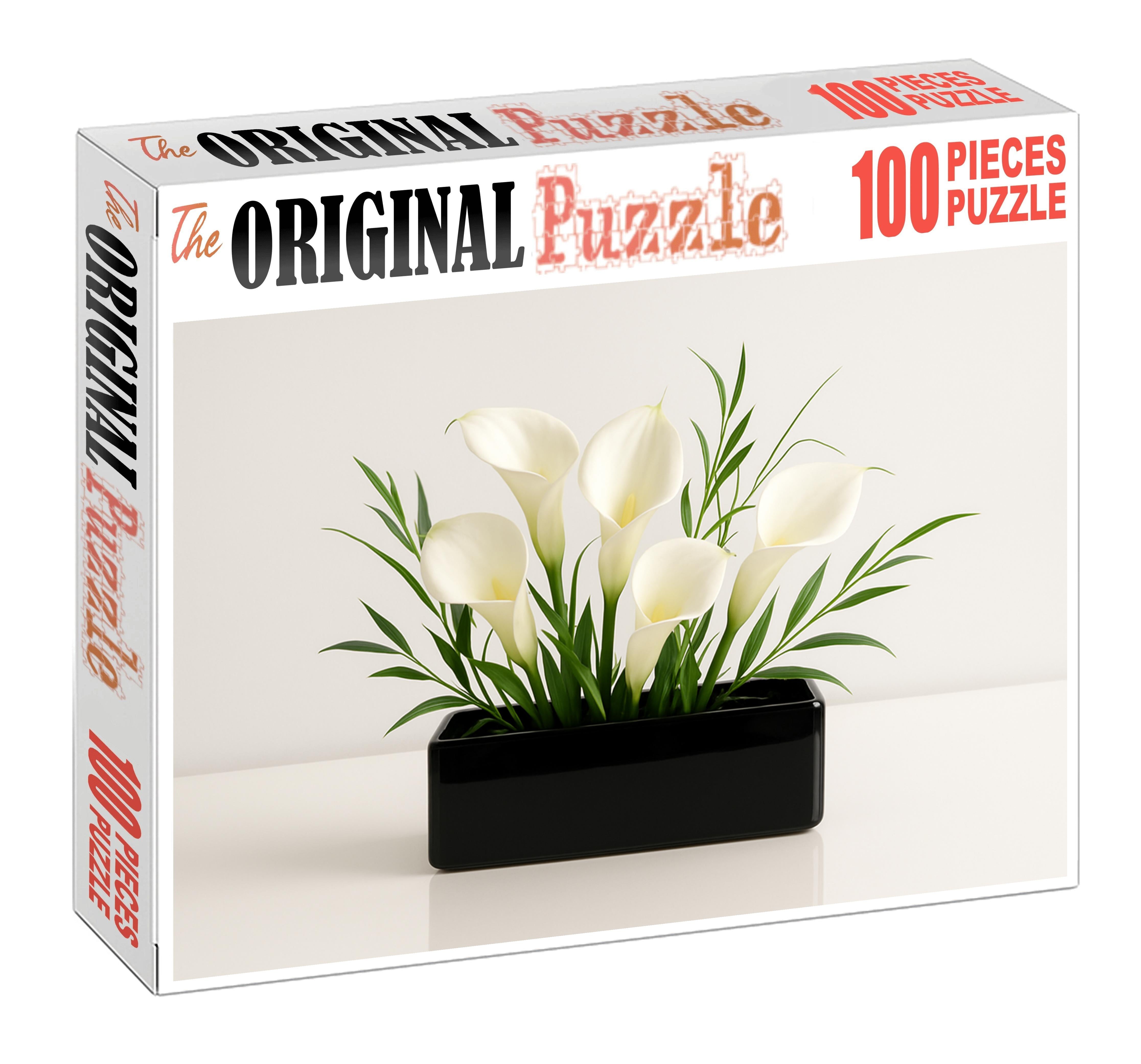 Minimalist Winter Whites Sleek White Blooms In Glossy Black Container Family Puzzles