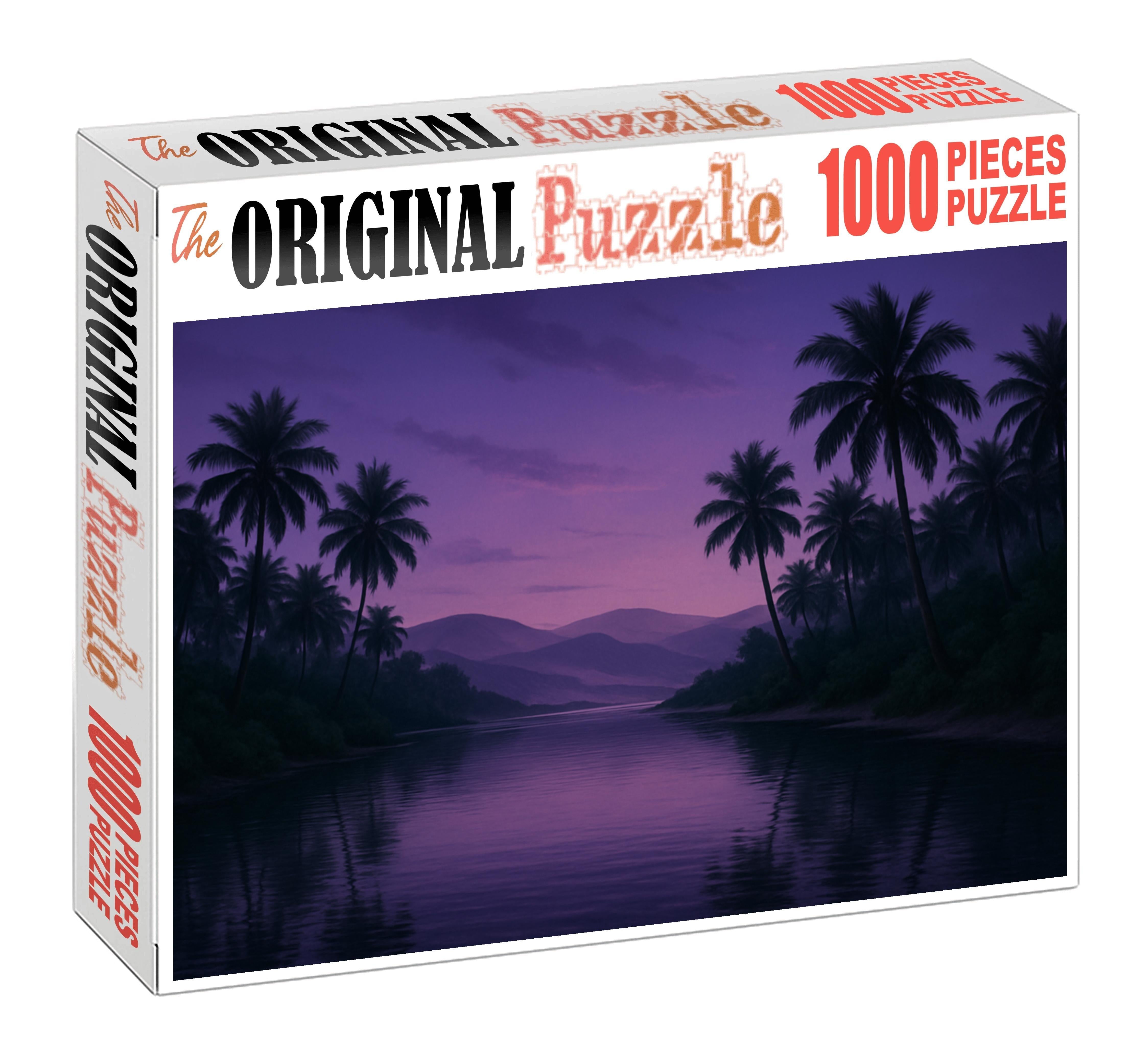 Twilight Oasis Haven Emerald Palms And Reflective Lagoon Premium Puzzle Pieces