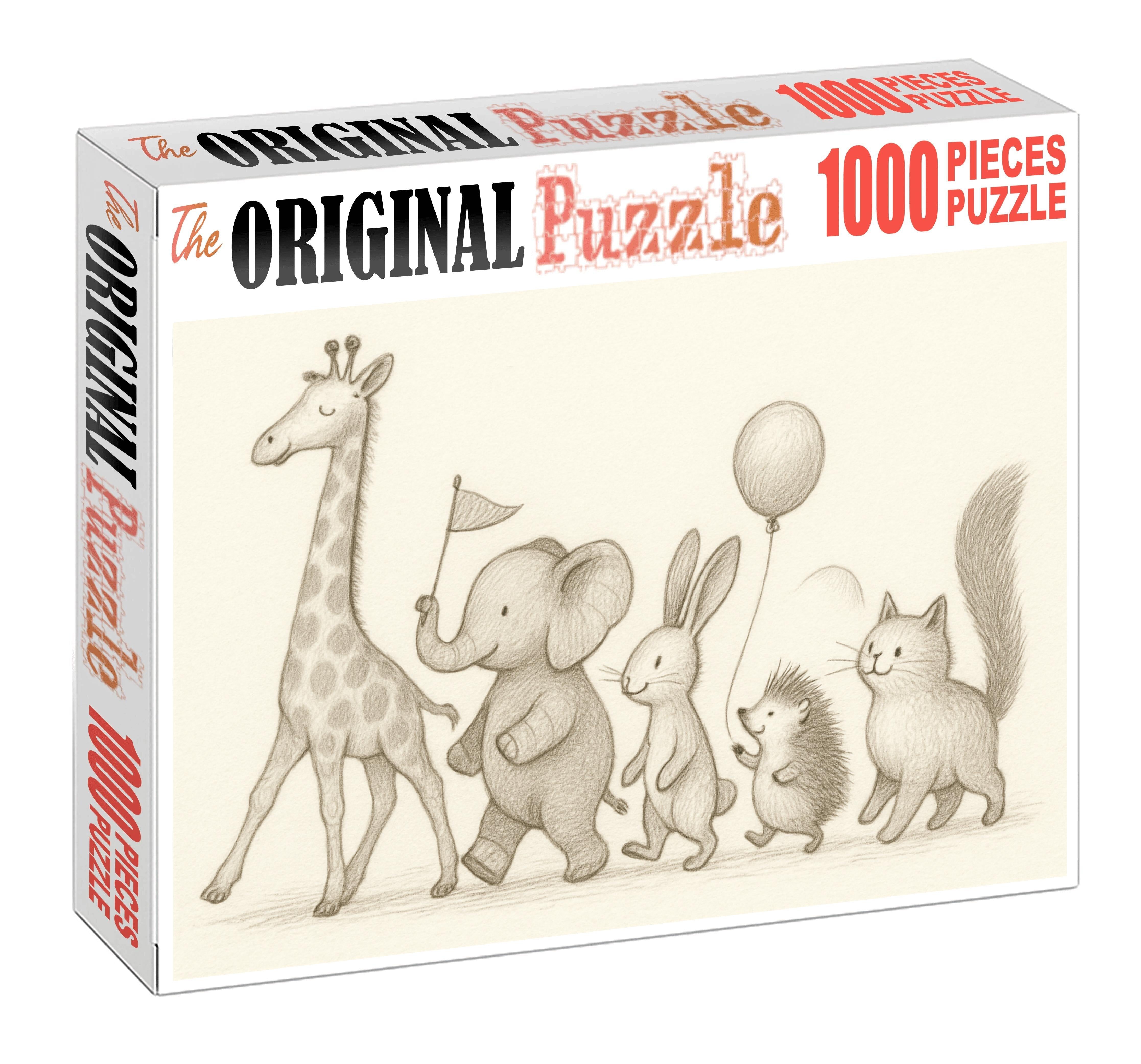 Whimsical Animal Parade Soft Pencil Sketches With Delicate Hatching Large Format Puzzle