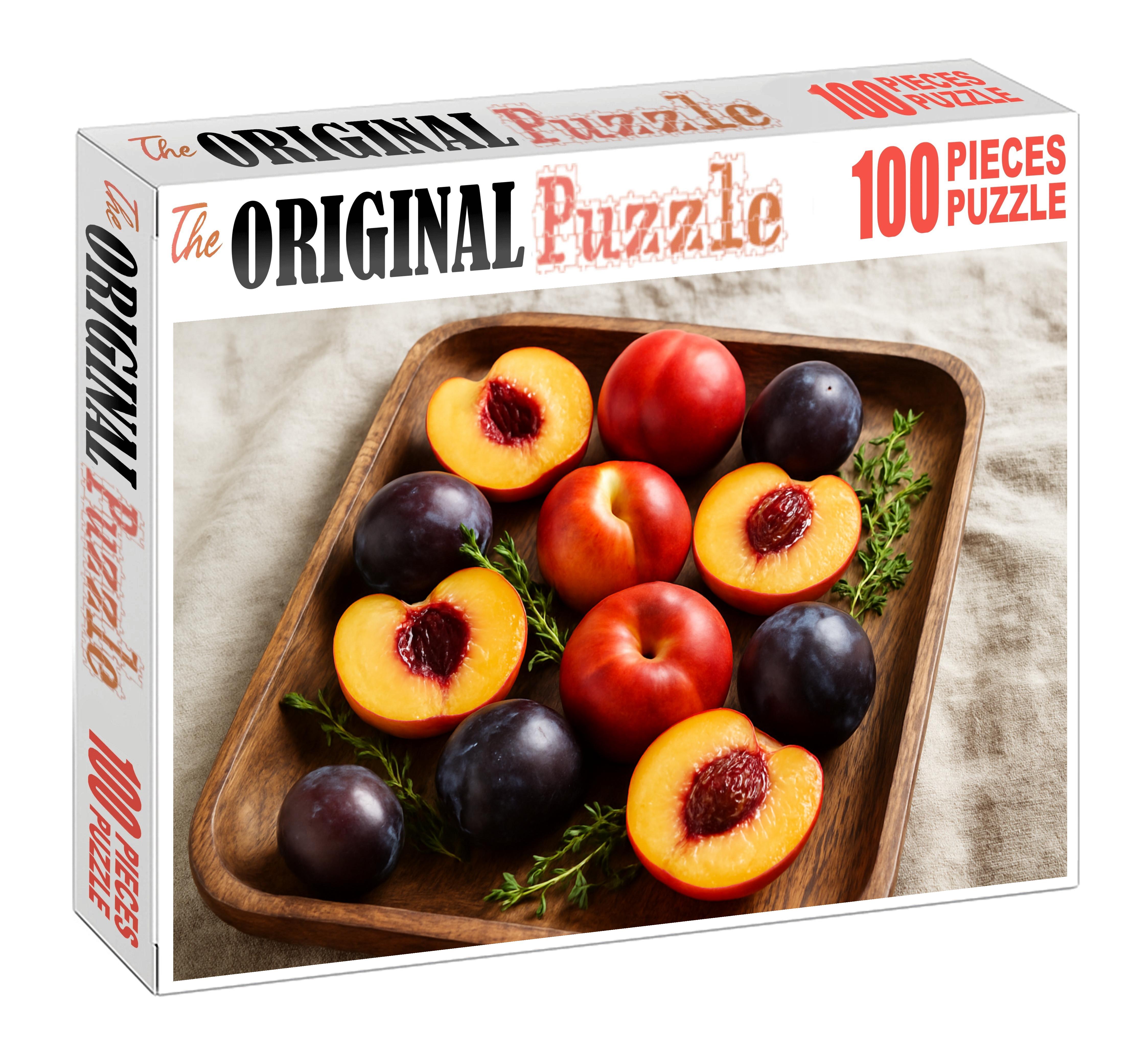 Sunlit Orchard Elegance Mixed Stone Fruits In Handcrafted Wooden Tray Mini Puzzle
