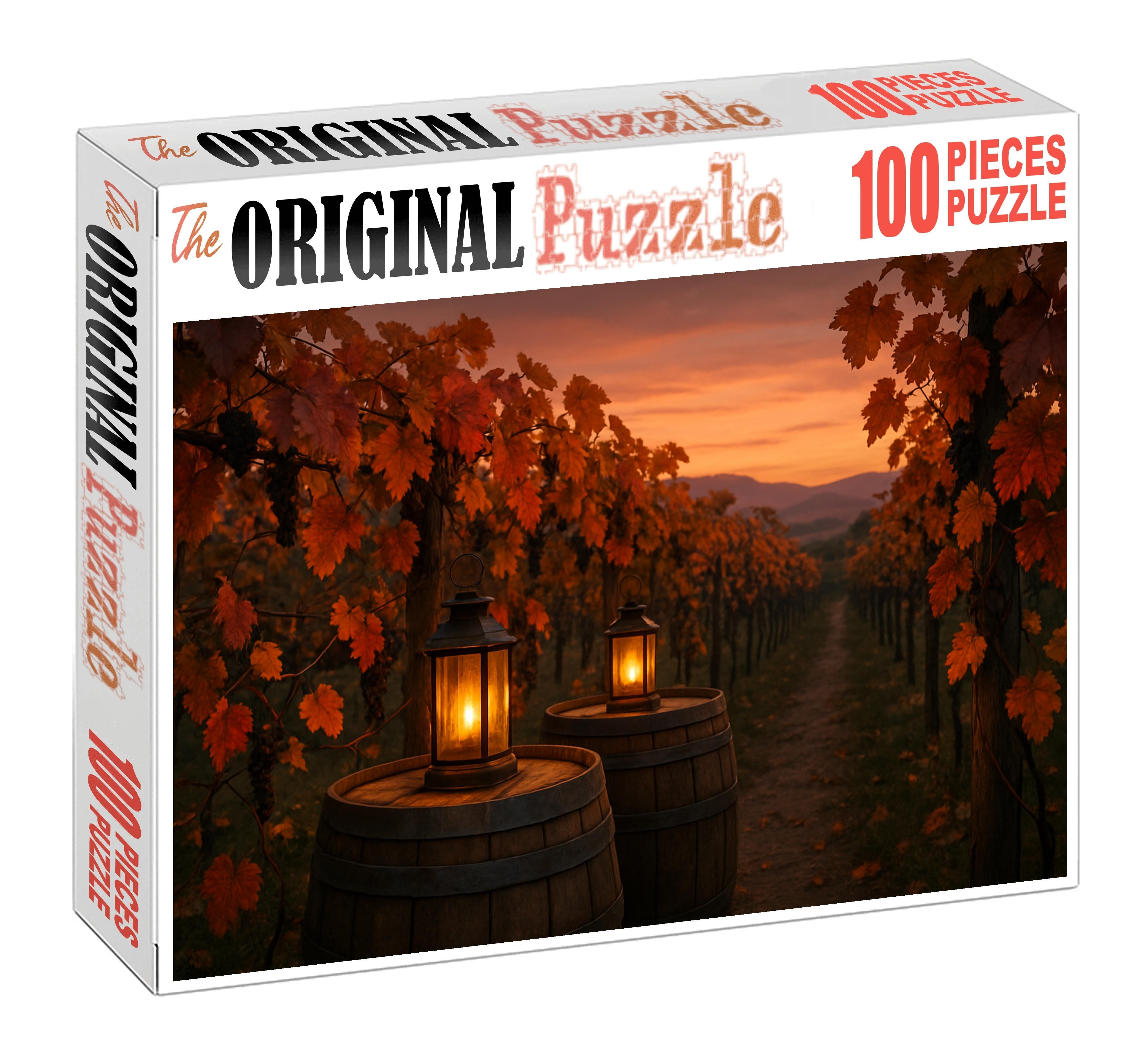 Crimson Vineyard Evening Wine Barrels And Flickering Lanterns Puzzle Fun