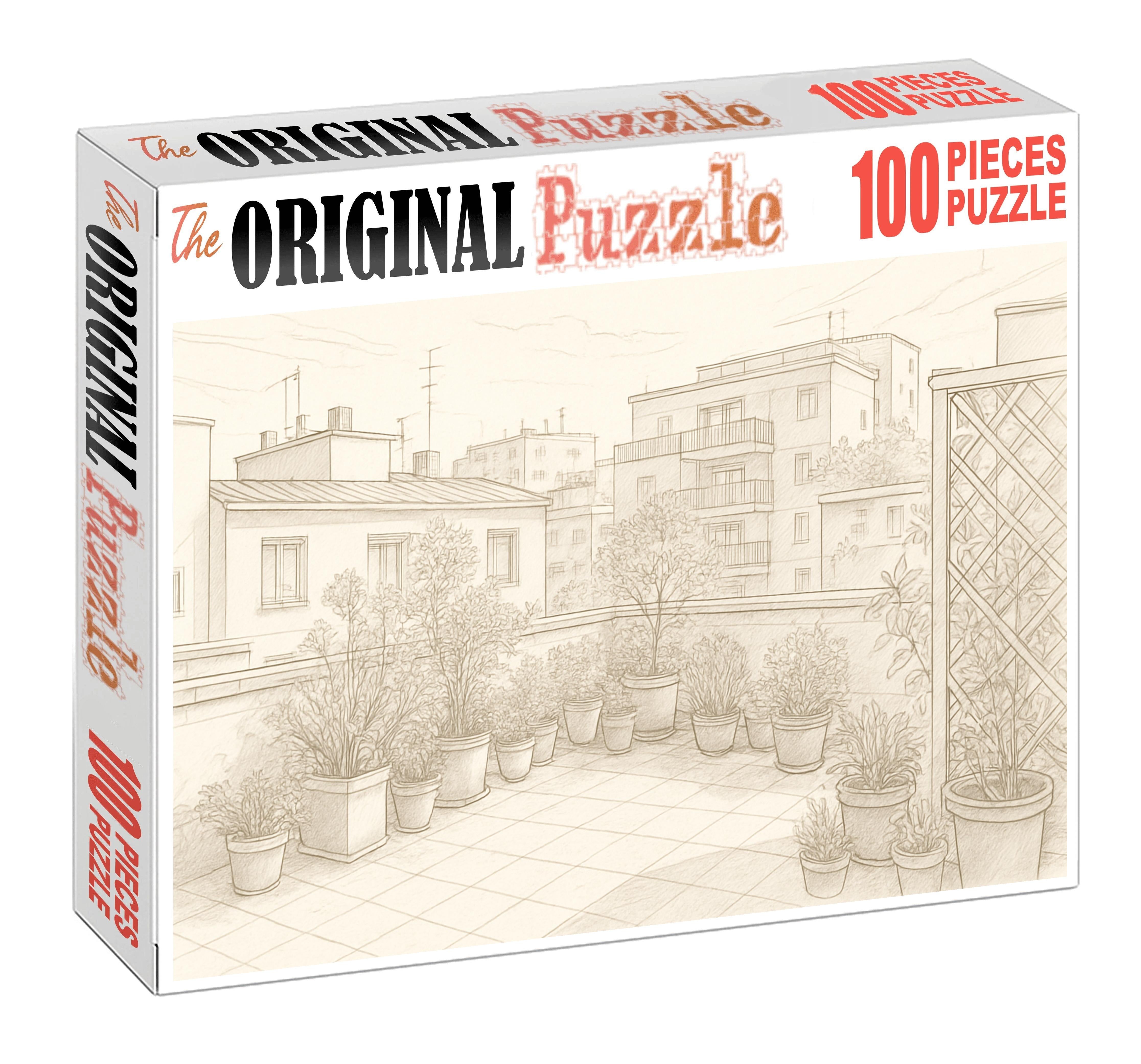 Urban Rooftop Garden Sketch Delicate Ink Lines And Subtle Wash Large Format Puzzle