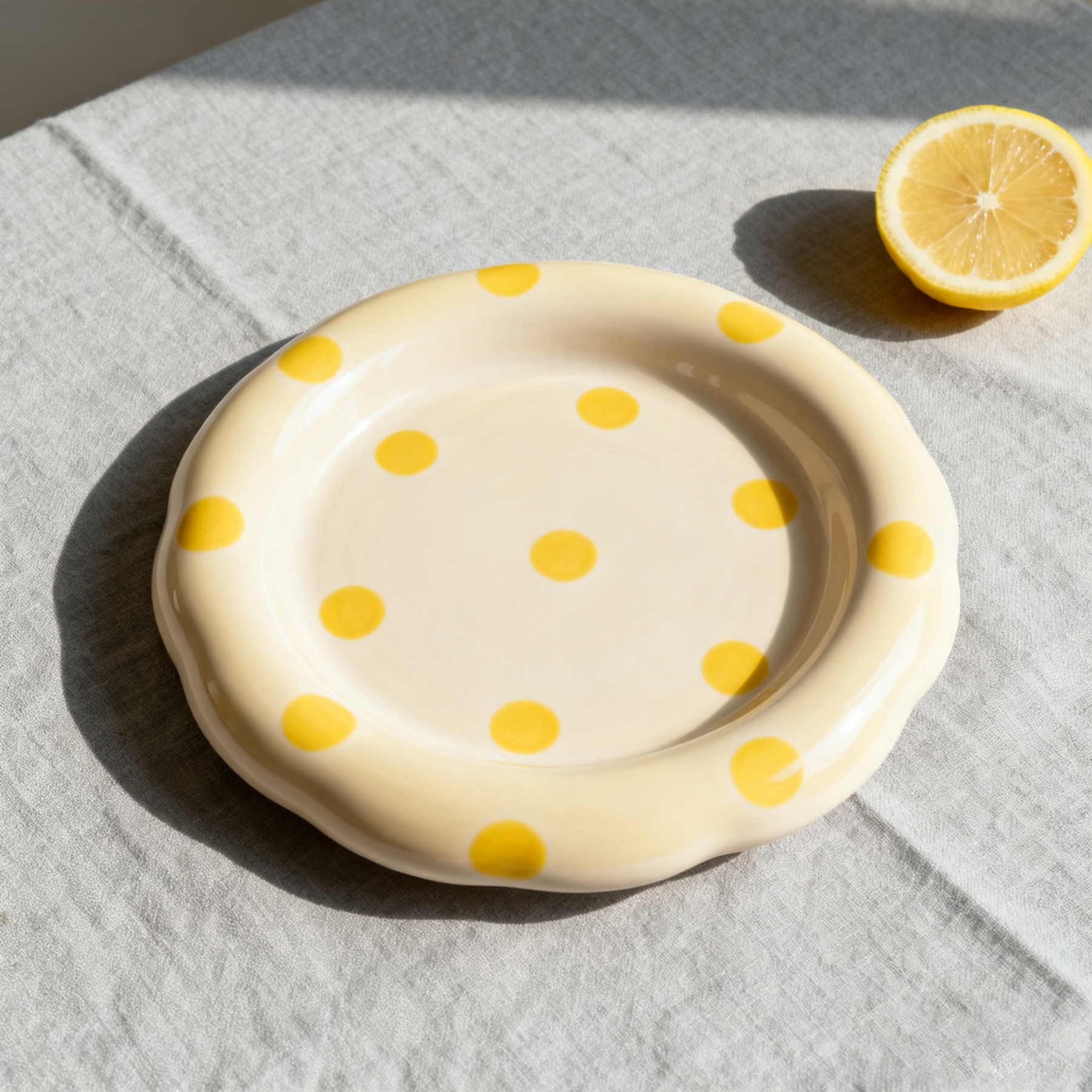 Assiette en céramique à pois jaunes 