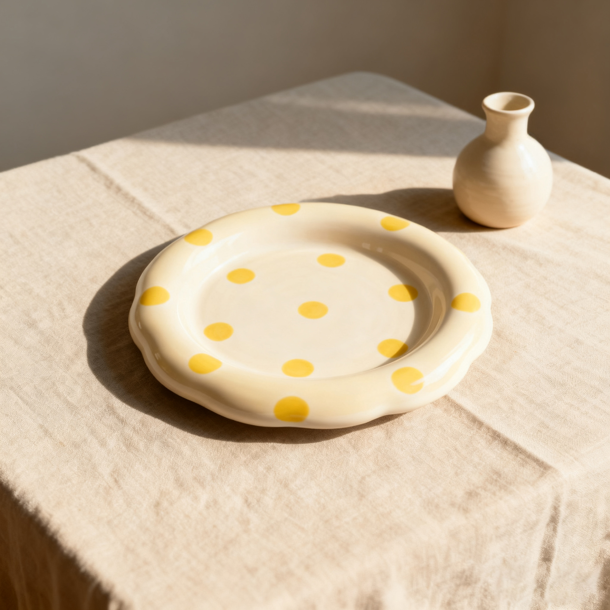 Assiette en céramique à pois jaunes 