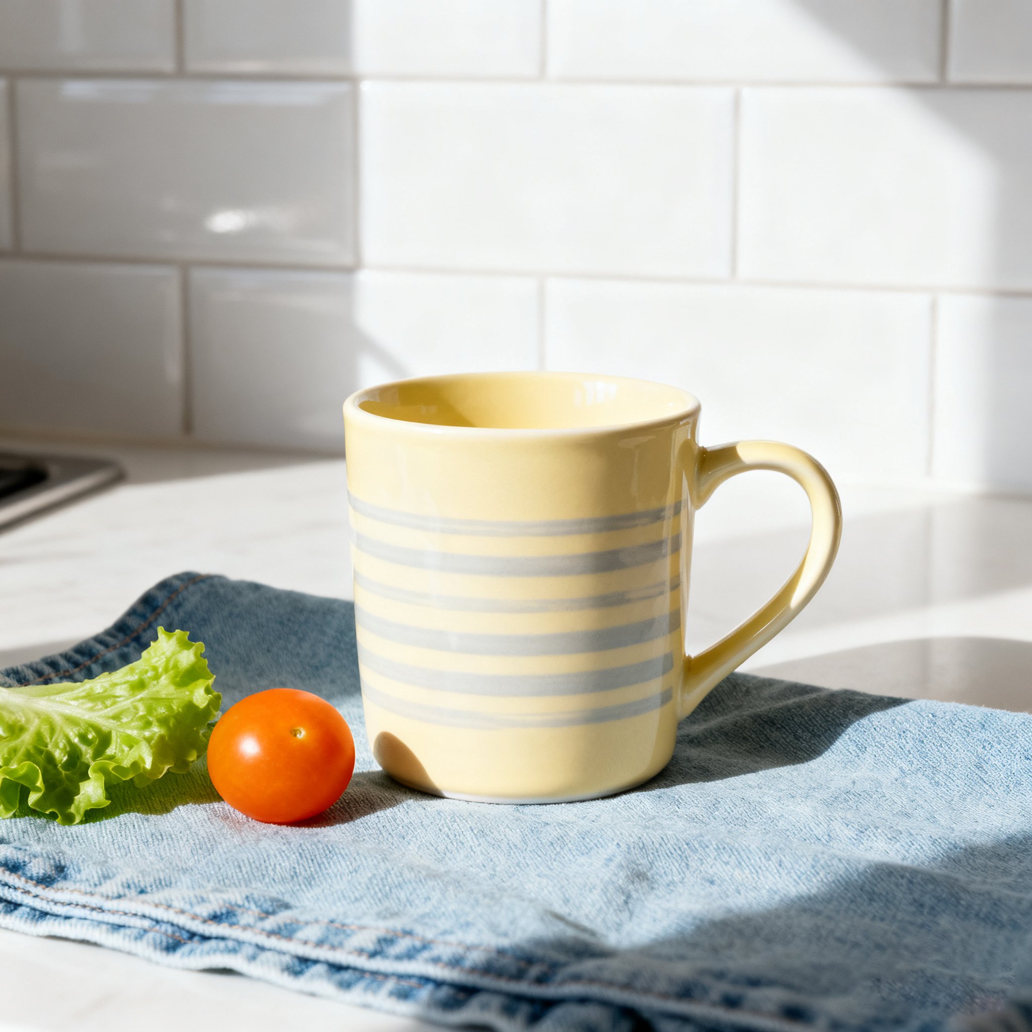 Mug jaune rayé tenu à la main