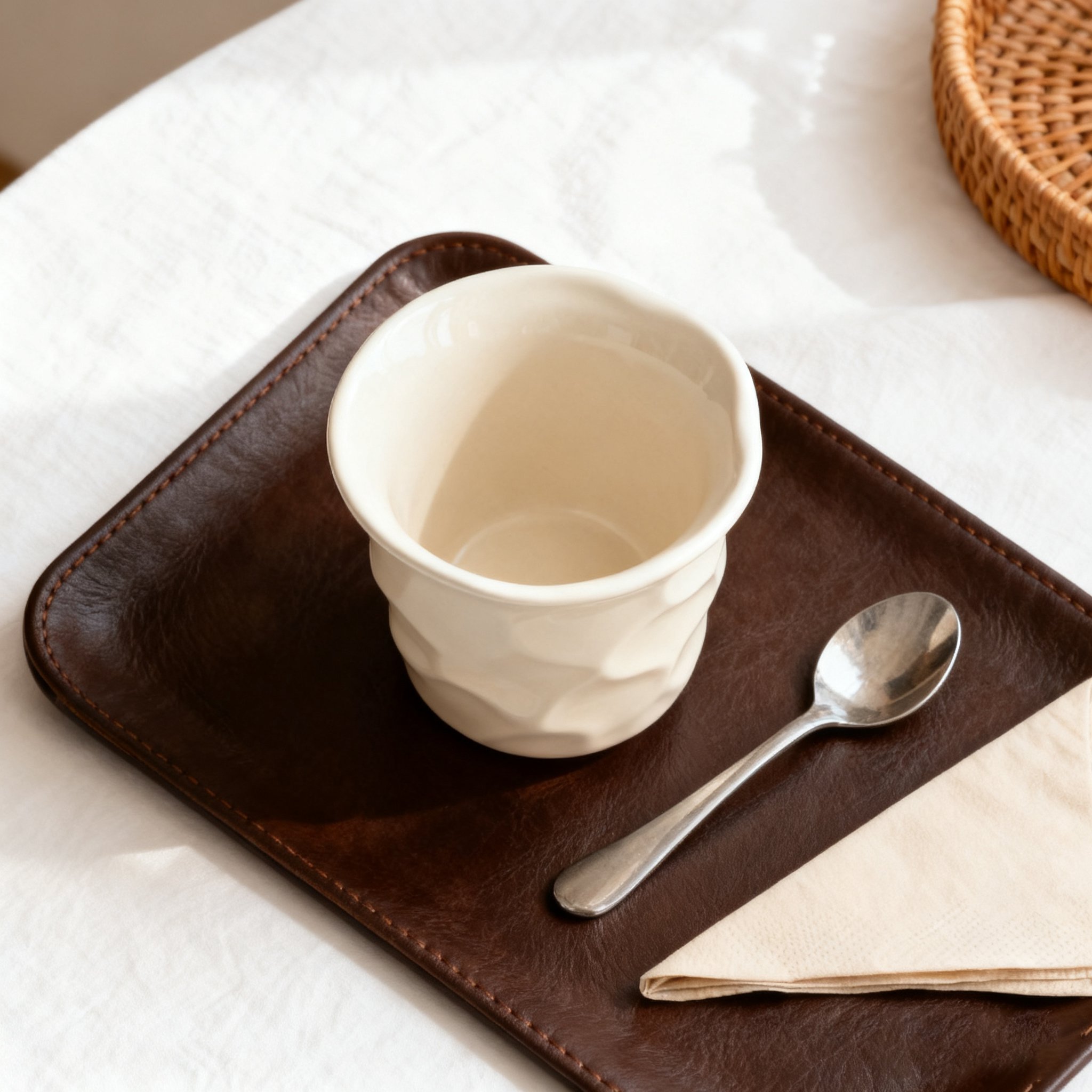 Tasse à café en céramique blanche irrégulière sur une table en bois