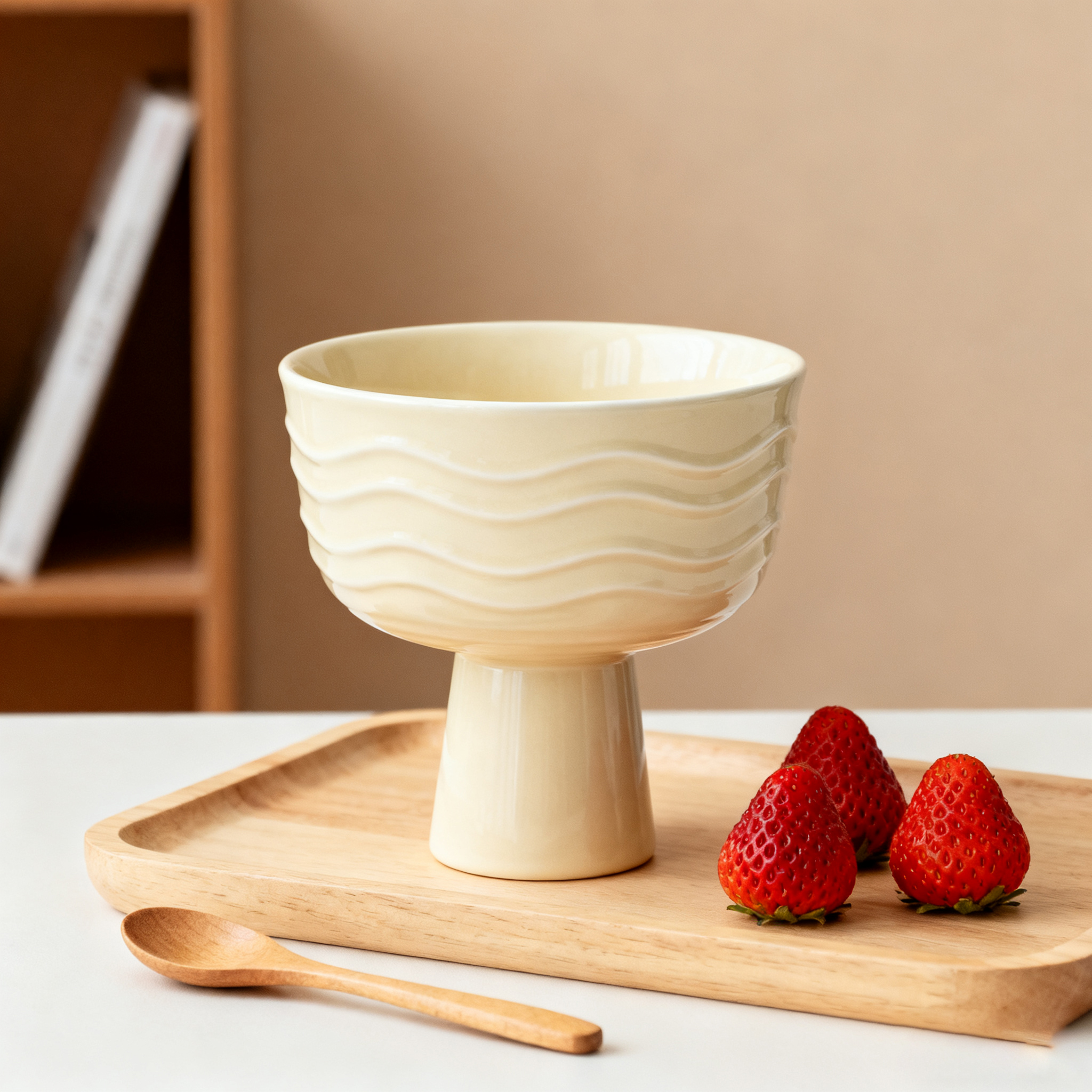 Tasse en céramique à pied haut avec texture ondulée