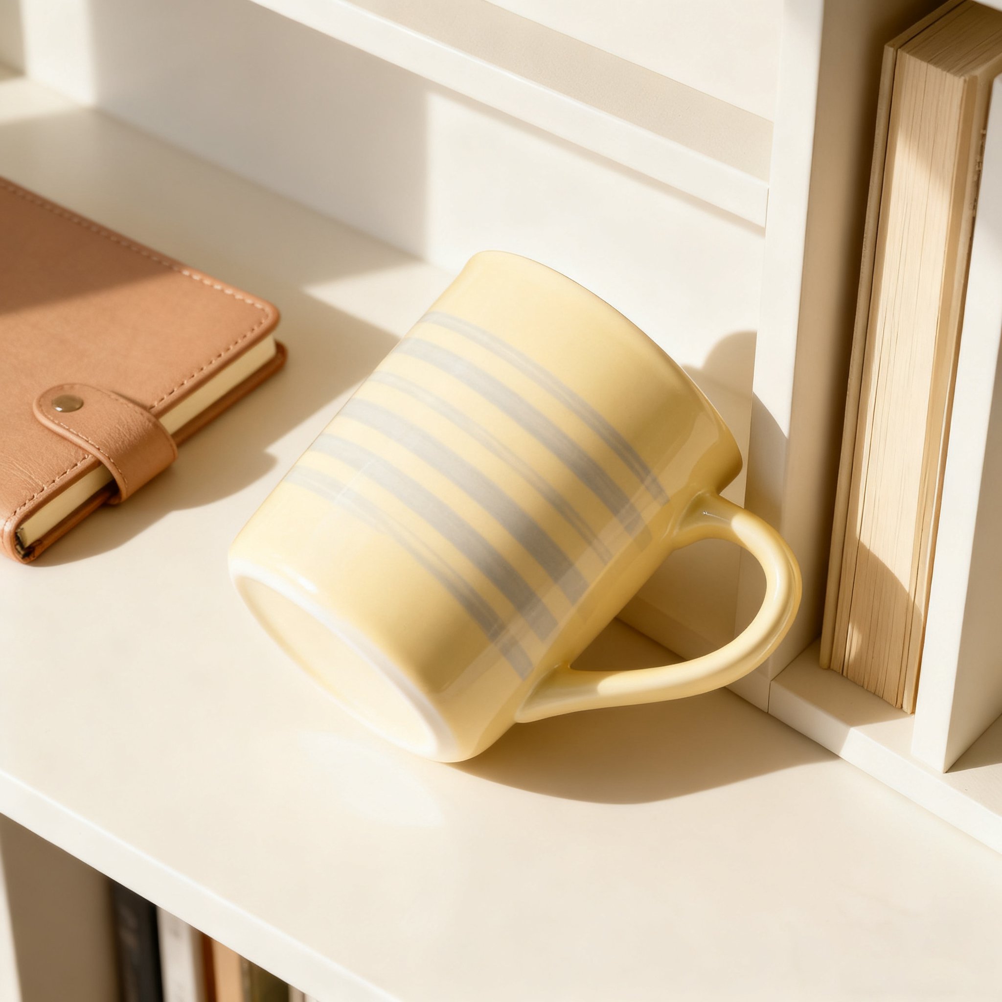 Tasse à rayures jaunes sur une table en bois