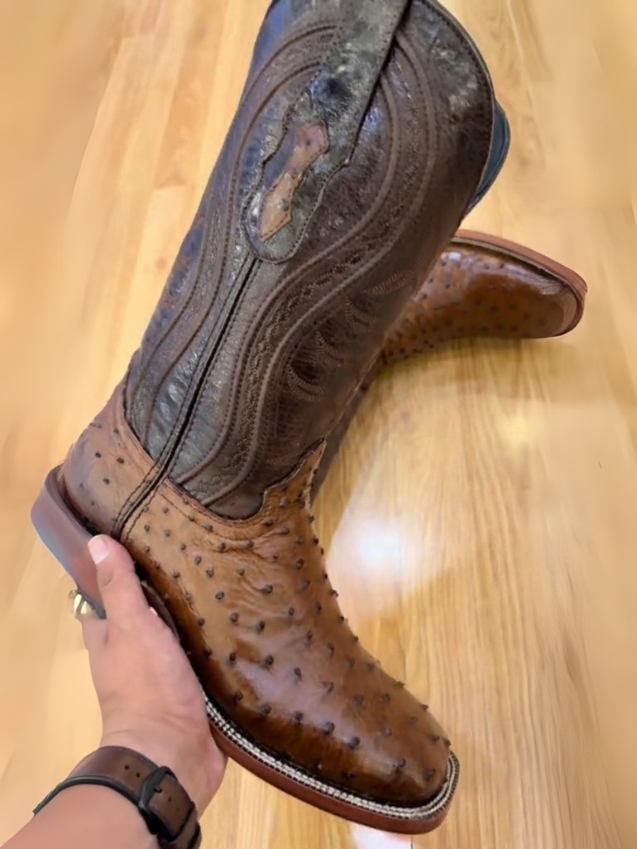 Handcrafted Men's Ostrich Cowboy Boots/ Square Toe Cowboy Boots