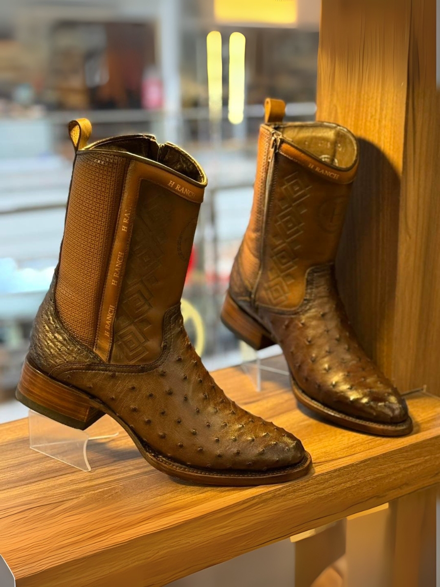 Welted Cowboy Ostrich Print Brown Leather Western Ankle Boots