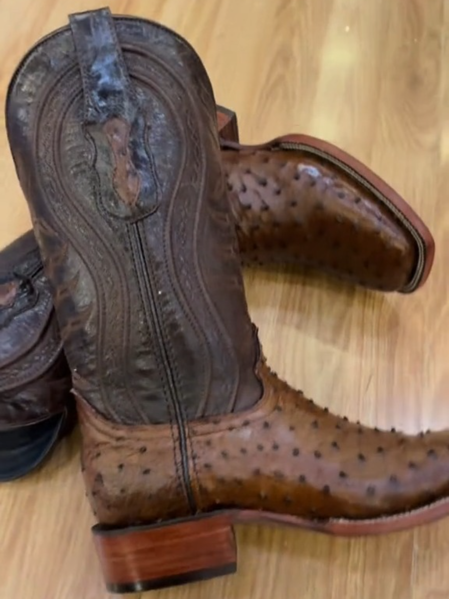 Handcrafted Men's Ostrich Cowboy Boots/ Square Toe Cowboy Boots