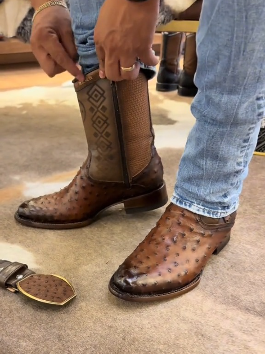 Welted Cowboy Ostrich Print Brown Leather Western Ankle Boots