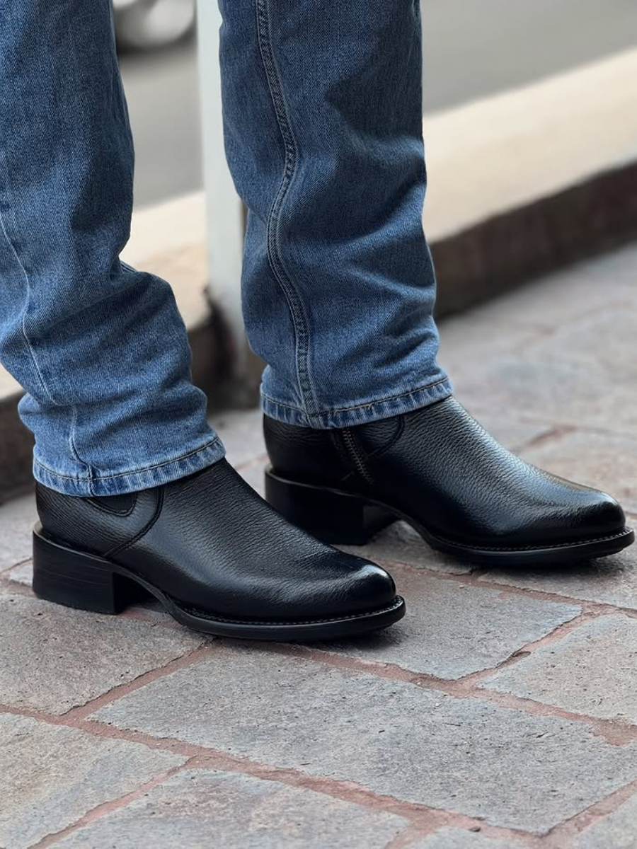 Black Deerskin Cowboy Ankle Boots